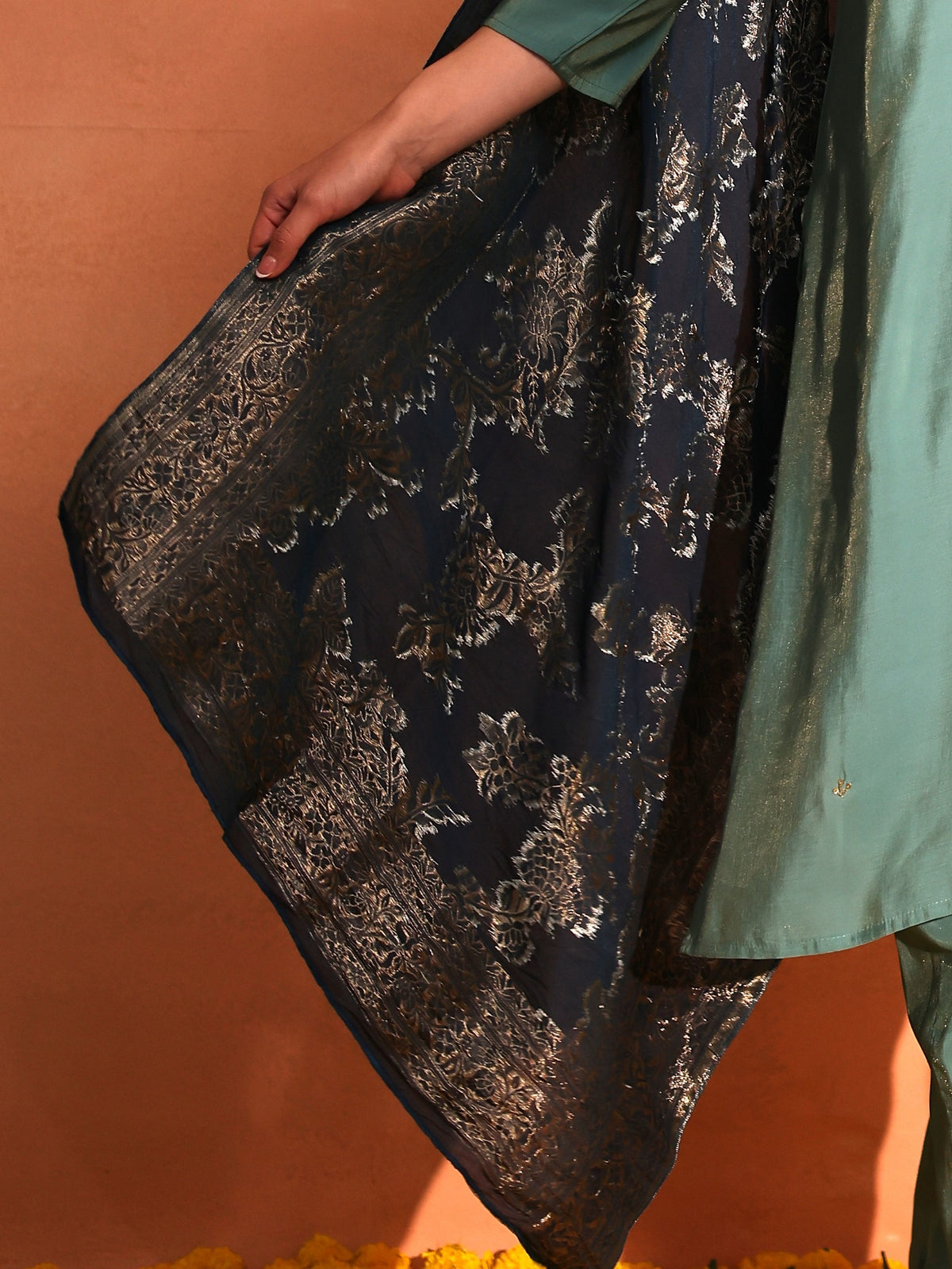 TITTLI Women Handwork Embroidered V-Neck Roman Silk Kurta Set with Jacquard Banarasi Dupatta (Aqua)