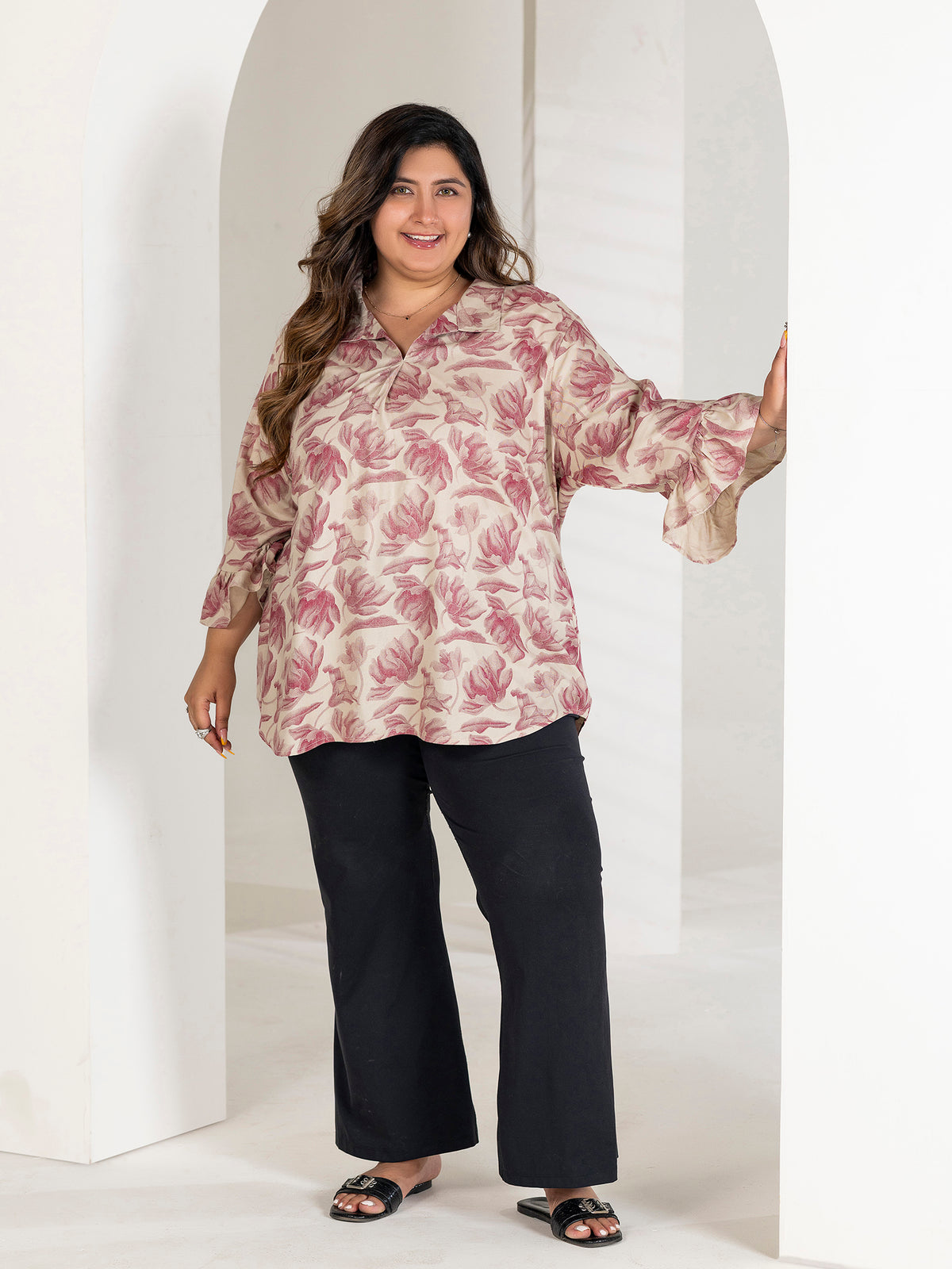 TITTLI Women Plus Size Floral Printed Short Kurti with V-Neck Collar & Three Quarter Bell Sleeves(Rani & Cream)