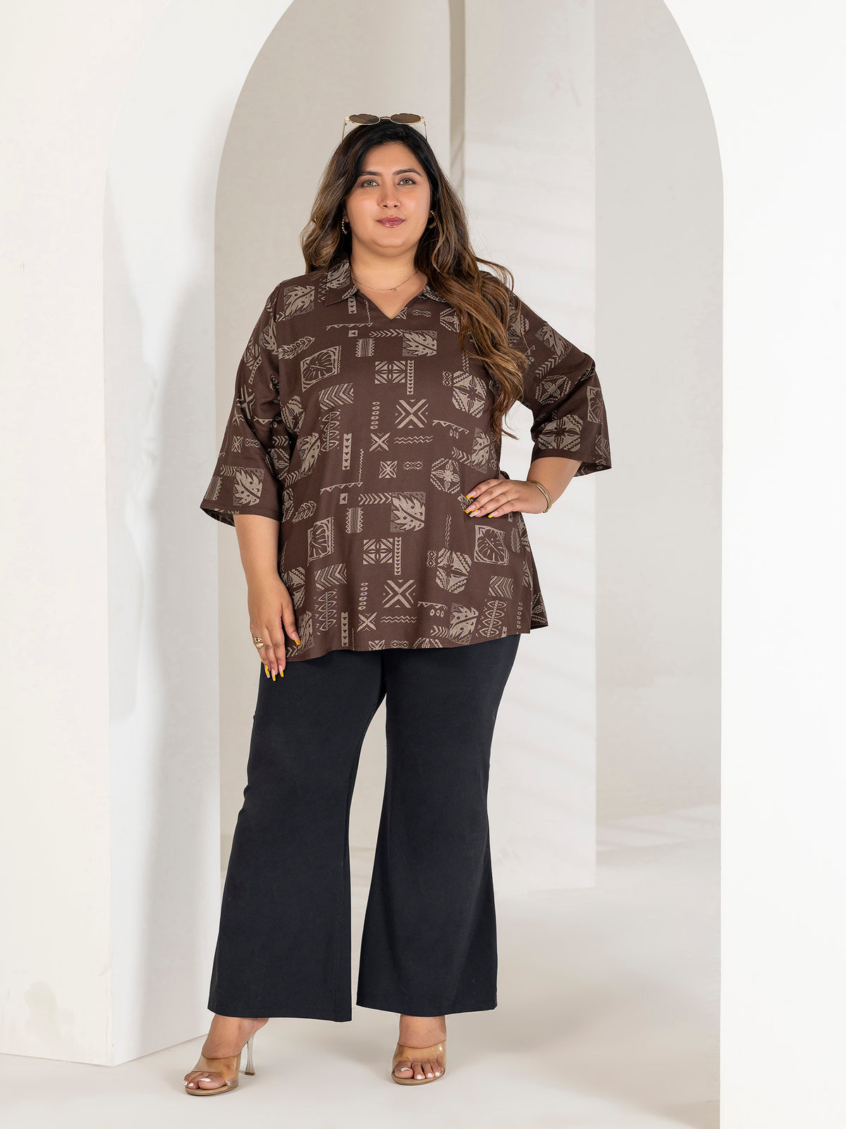 TITTLI Plus Size Women Printed Collared V-Neck Pure Cotton Kurti (Brown)