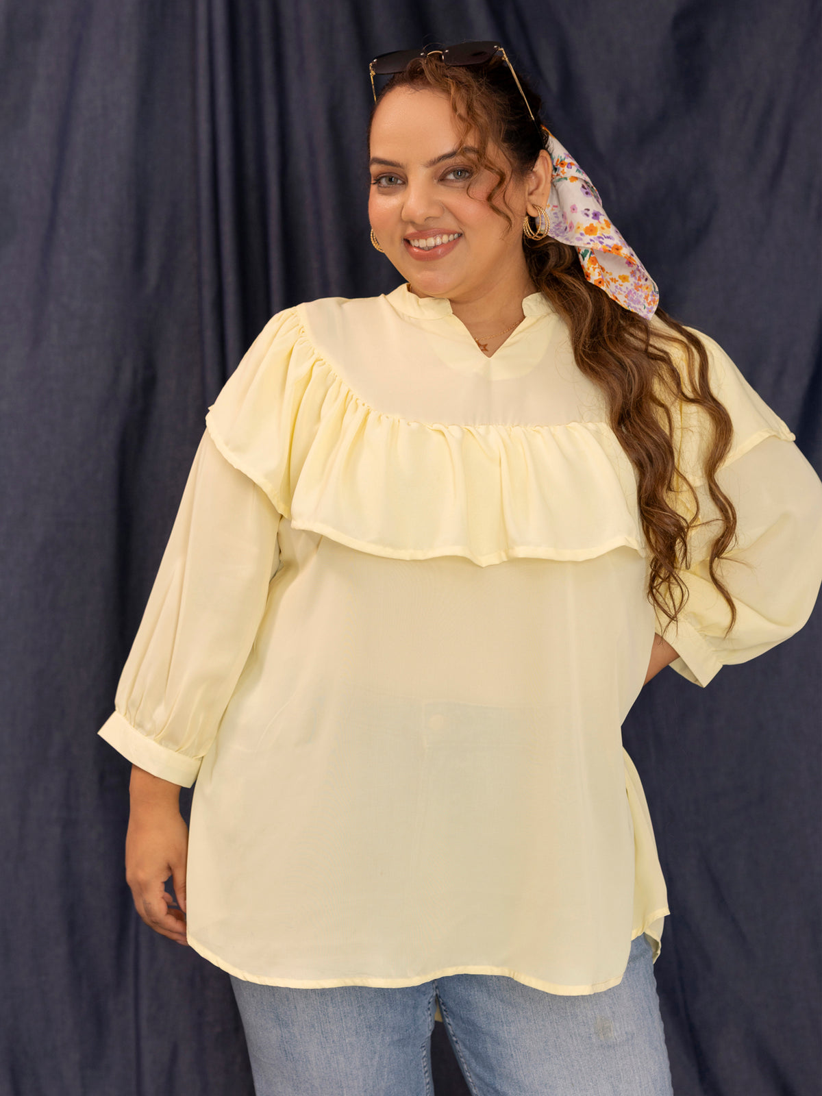 TITTLI Women Plus Size Georgette Solid Short Top (Lemon)