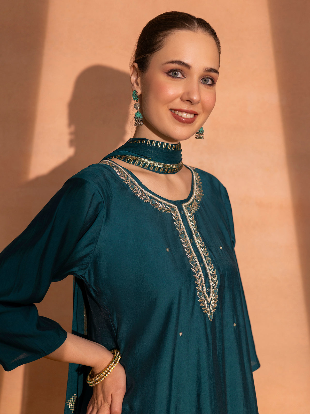 TITTLI Women Handwork Embroidered U-Neck Roman Silk Kurta Set with Georgette Cutwork Dupatta (Rama)