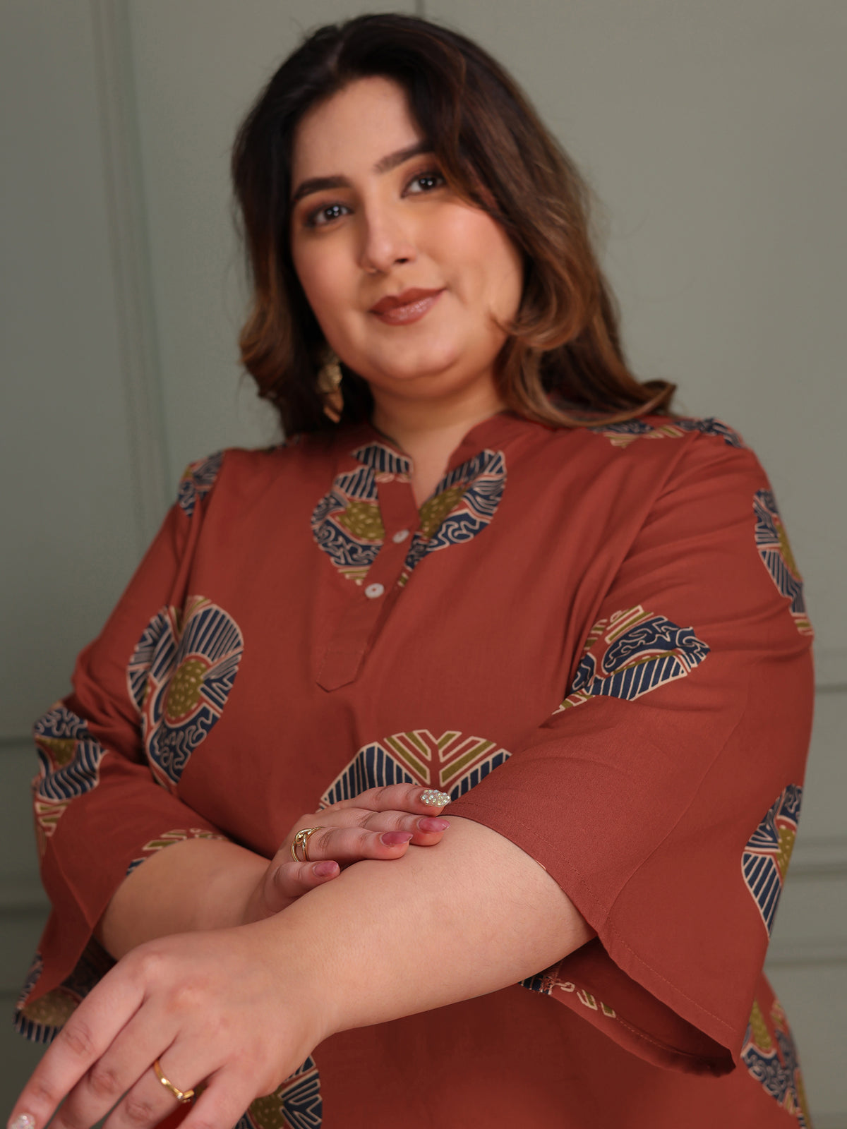 TITTLI Women Plus Size Printed Pure Cotton Mandarin Collar Casual Kurti (Rust)