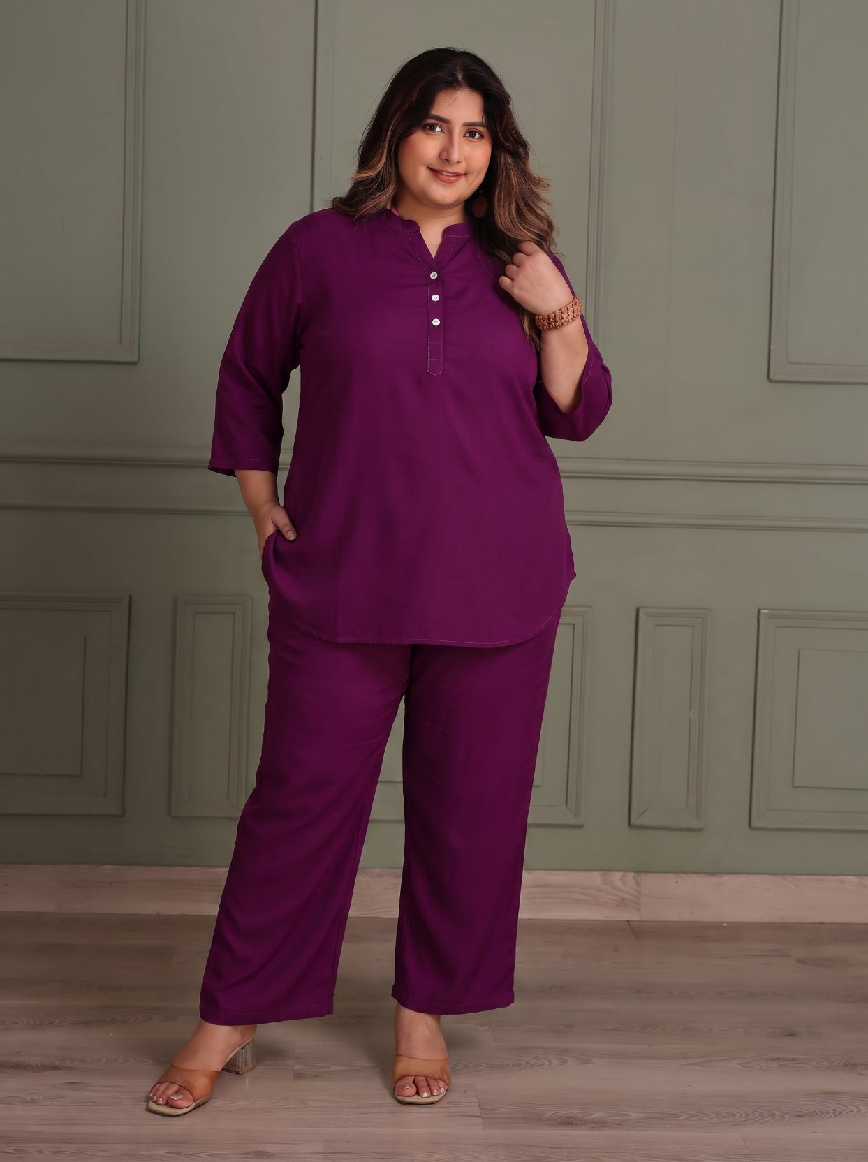TITTLI Women Plus Size Cotton Silk Tunic & Straight Trousers Co-Ord Set (Wine)
