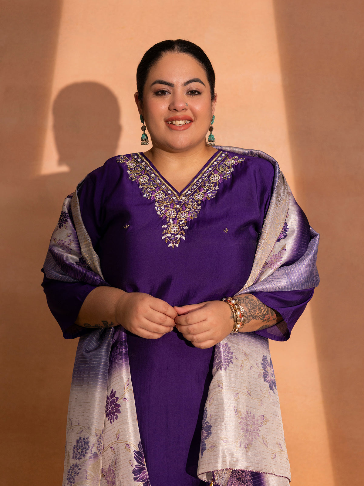 TITTLI Plus Size Women Handwork Embroidered V-Neck Roman Silk Kurta Set with Jacquard Digital Printed Dupatta (Violet)
