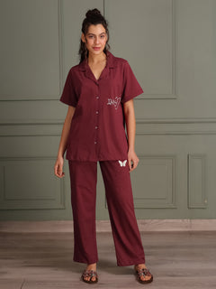 TITTLI Women Pure Cotton Shirt and Pyjama Nightsuit(Maroon)