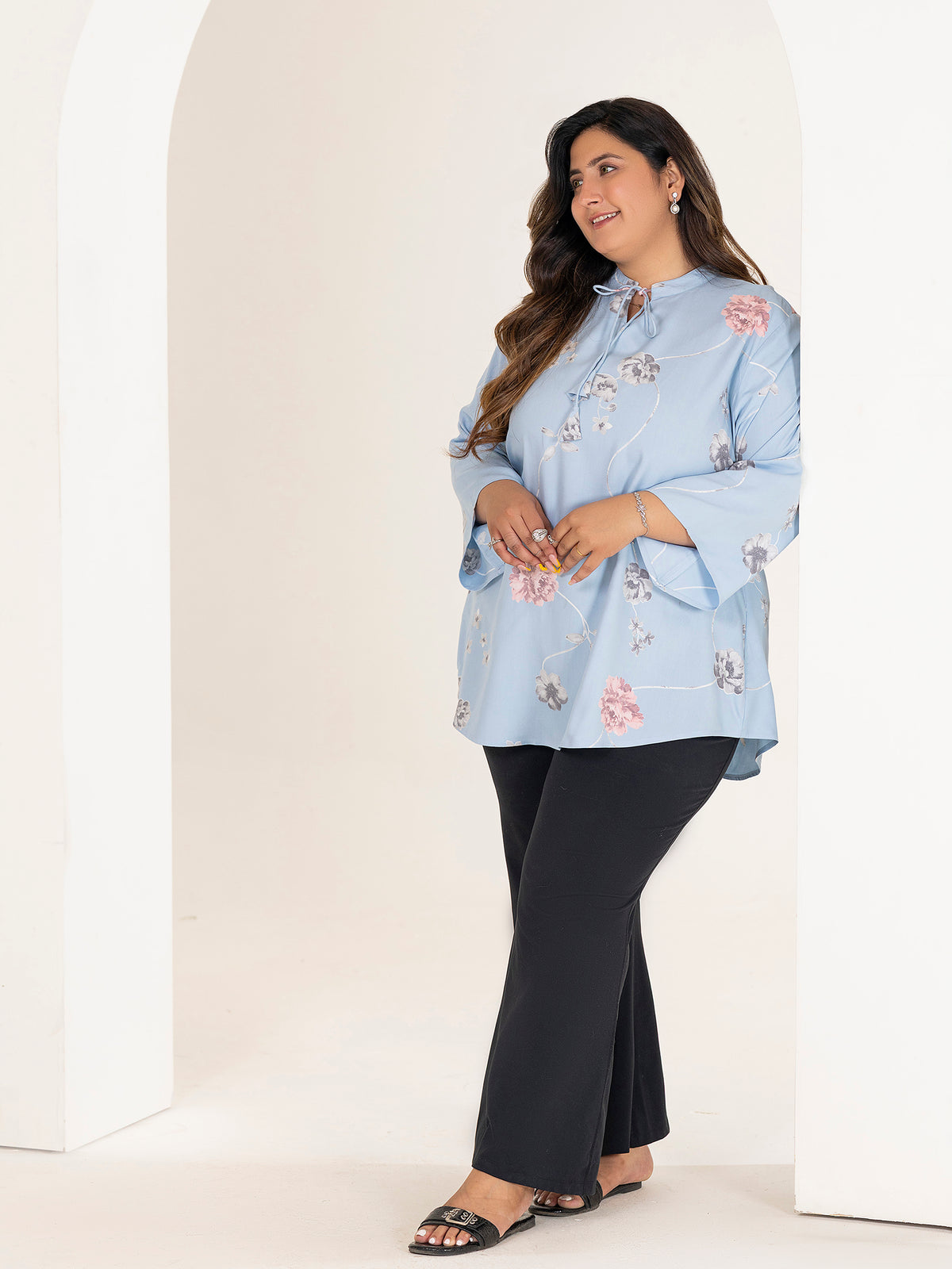 TITTLI Women Plus Size Floral Printed Short Kurti with Round Neck Collar Keyhole Tie-Up & Full Sleeves(Sky blue)