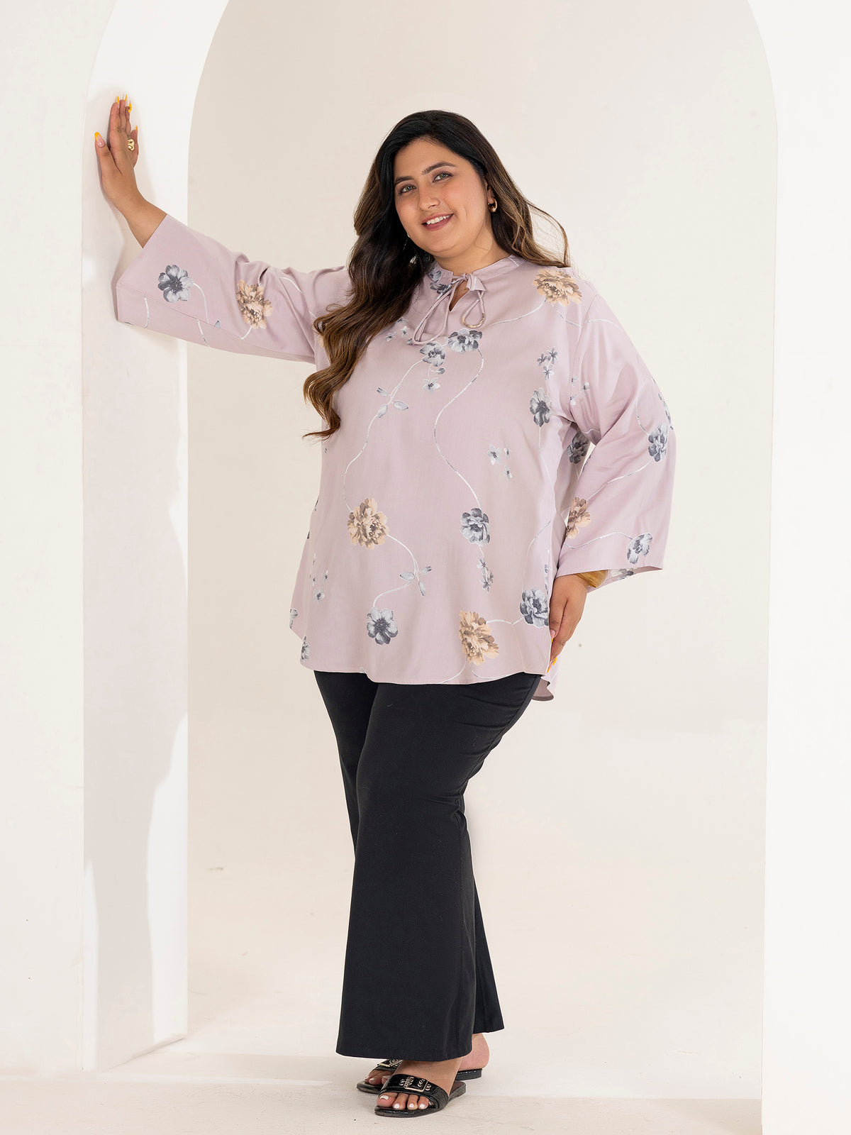 TITTLI Women Plus Size Floral Printed Short Kurti with Round Neck Collar Keyhole Tie-Up & Full Sleeves(Rose)