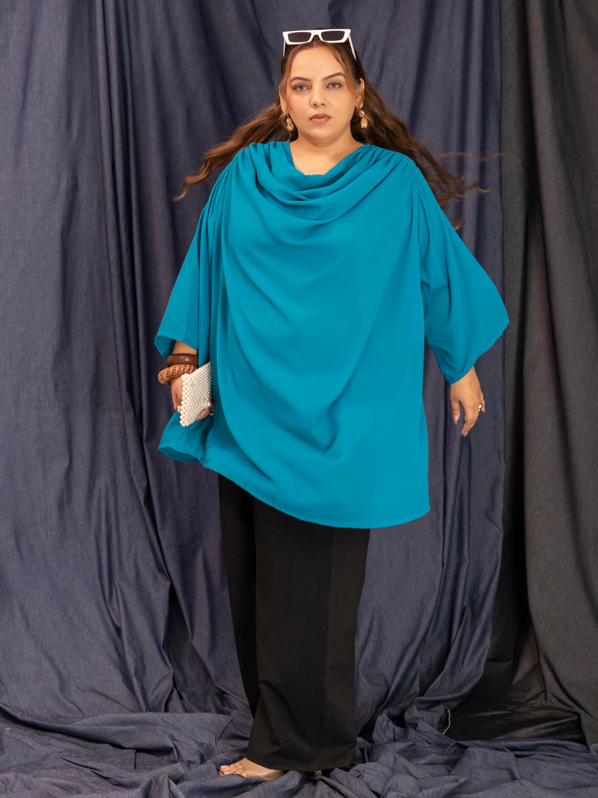 TITTLI Women Plus Size Georgette Solid Cowl Neck Short Top (Rama)