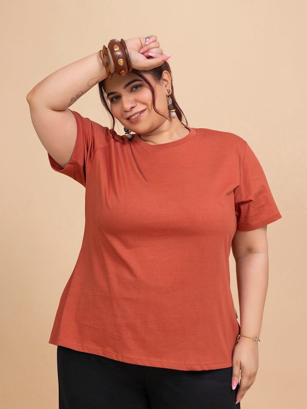 TITTLI Plus Size Pure Cotton Rust Round Neck T-Shirt For Womens