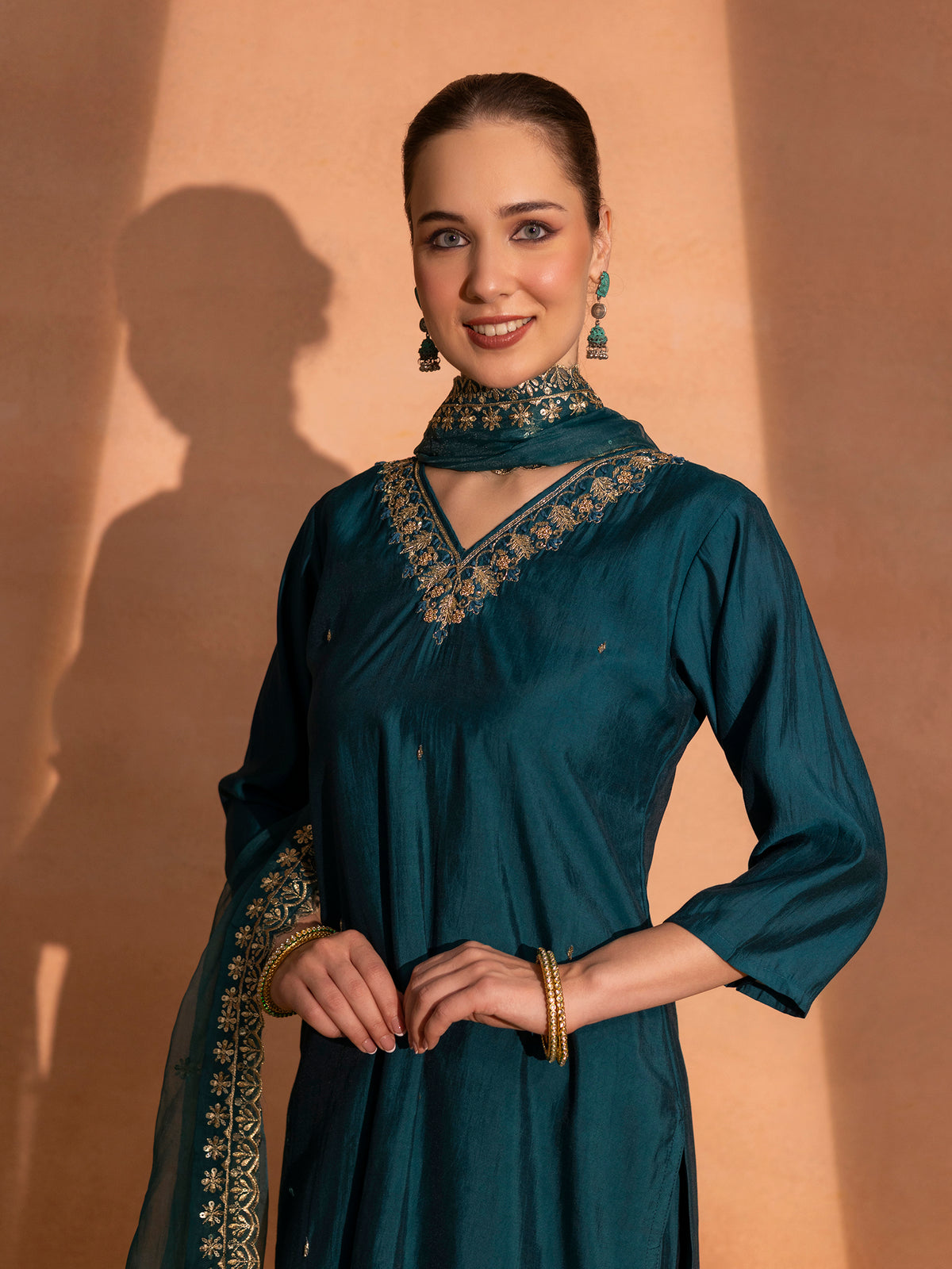 TITTLI Women Handwork Embroidered V-Neck Roman Silk Kurta Set with Georgette Cutwork Dupatta (Rama)