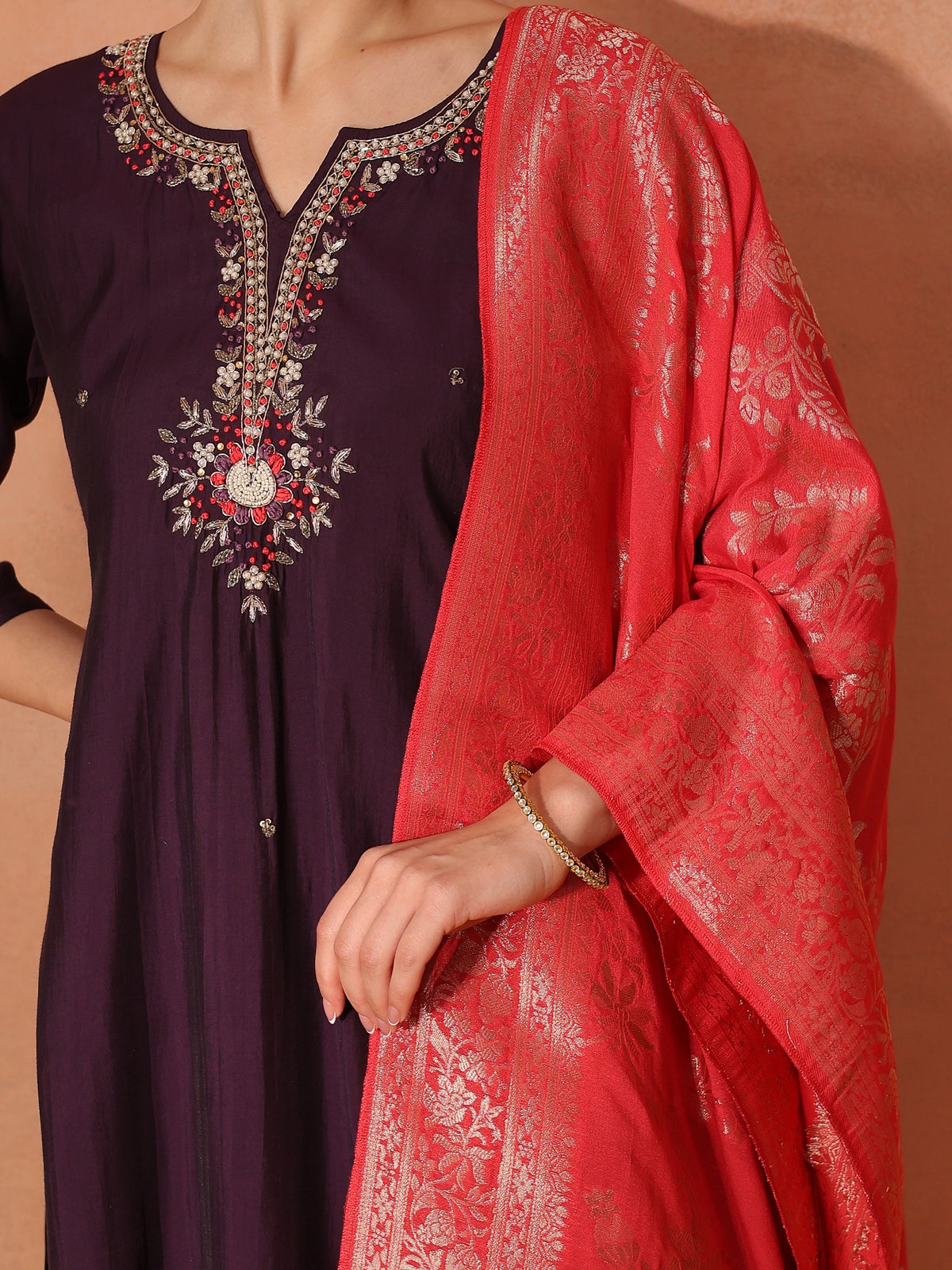 TITTLI Women Handwork Embroidered Round Neck with V Drape Roman Silk Kurta Set with Cut-Work Dupatta (Wine)