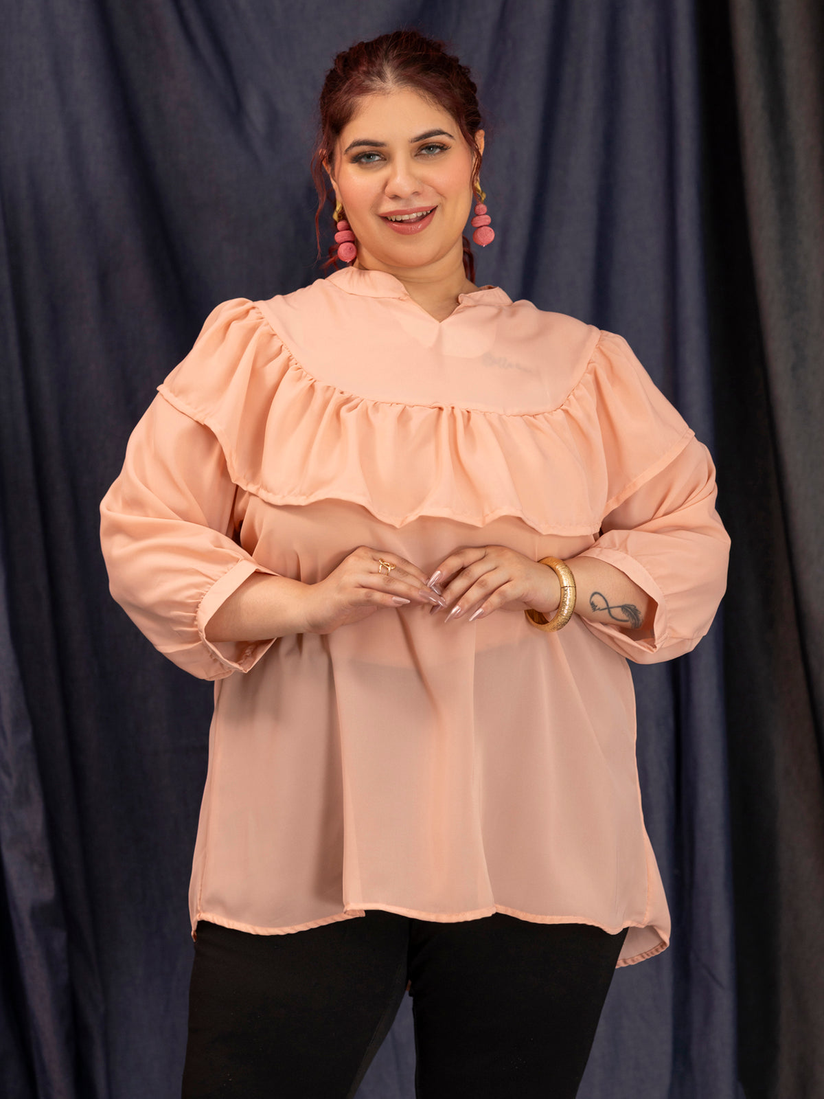 TITTLI Women Plus Size Georgette Solid Short Top (Peach)