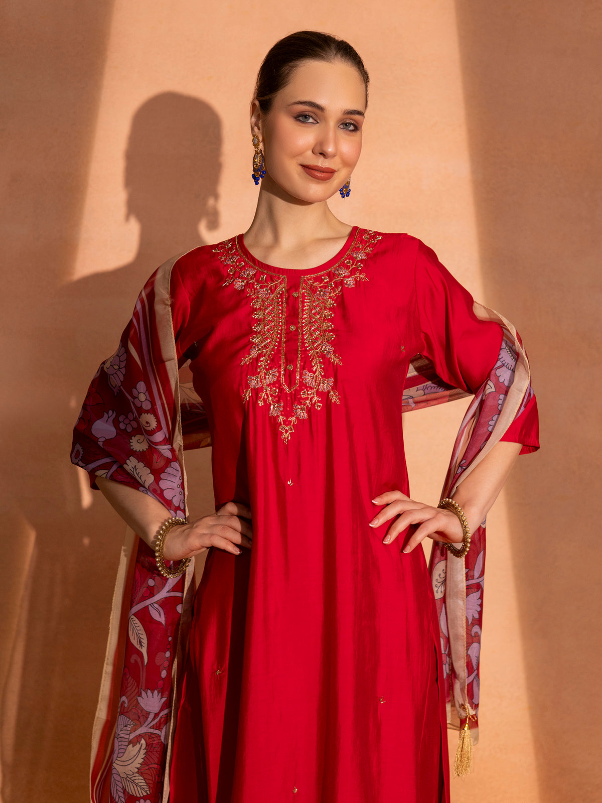 TITTLI Women Handwork Embroidered U-Neck Roman Silk Kurta Set with Georgette Cutwork Dupatta (C.Red)