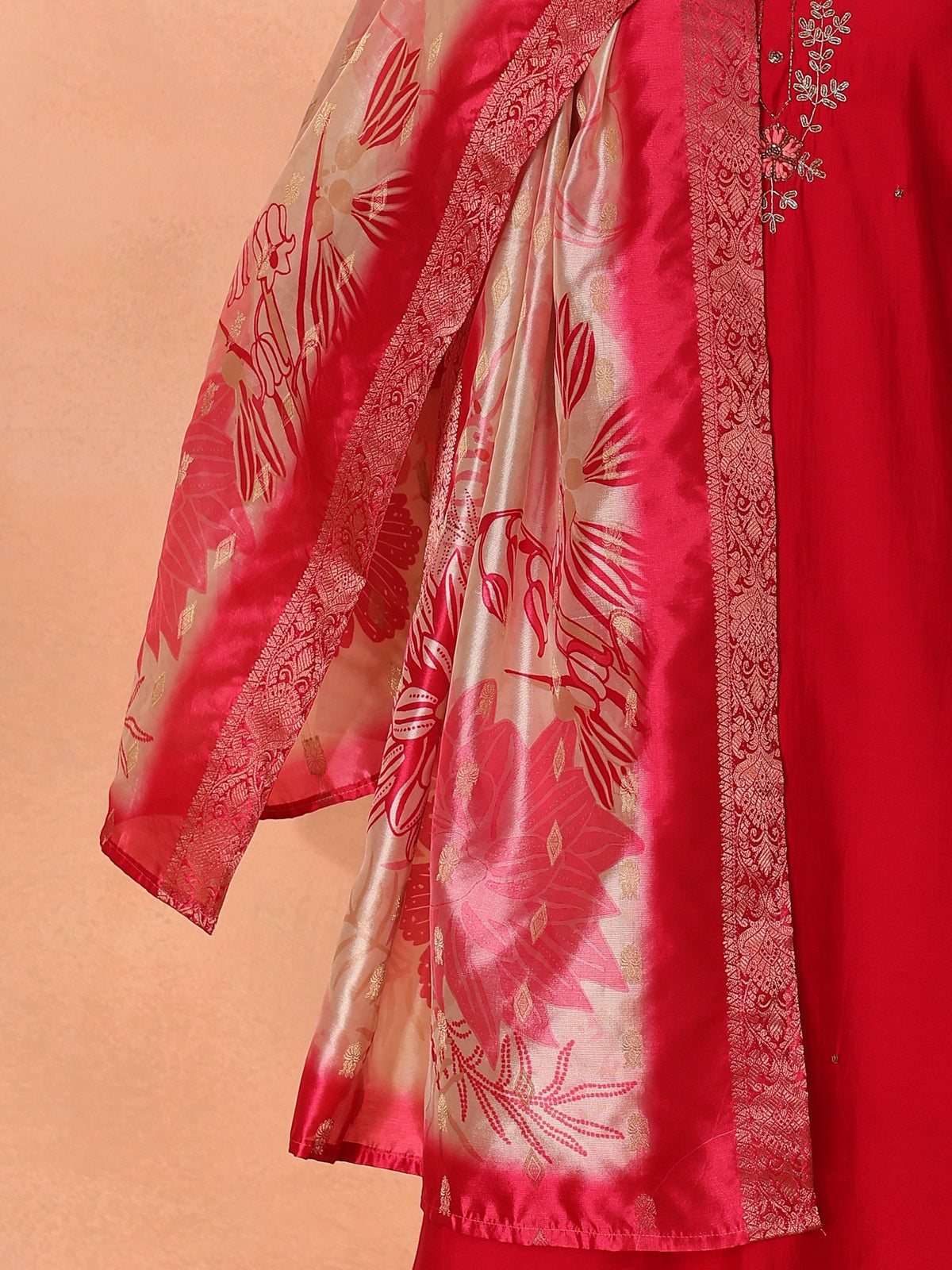 TITTLI Women Handwork Embroidered U-Neck Roman Silk Kurta Set with Jacquard Digital Print Dupatta (Red)