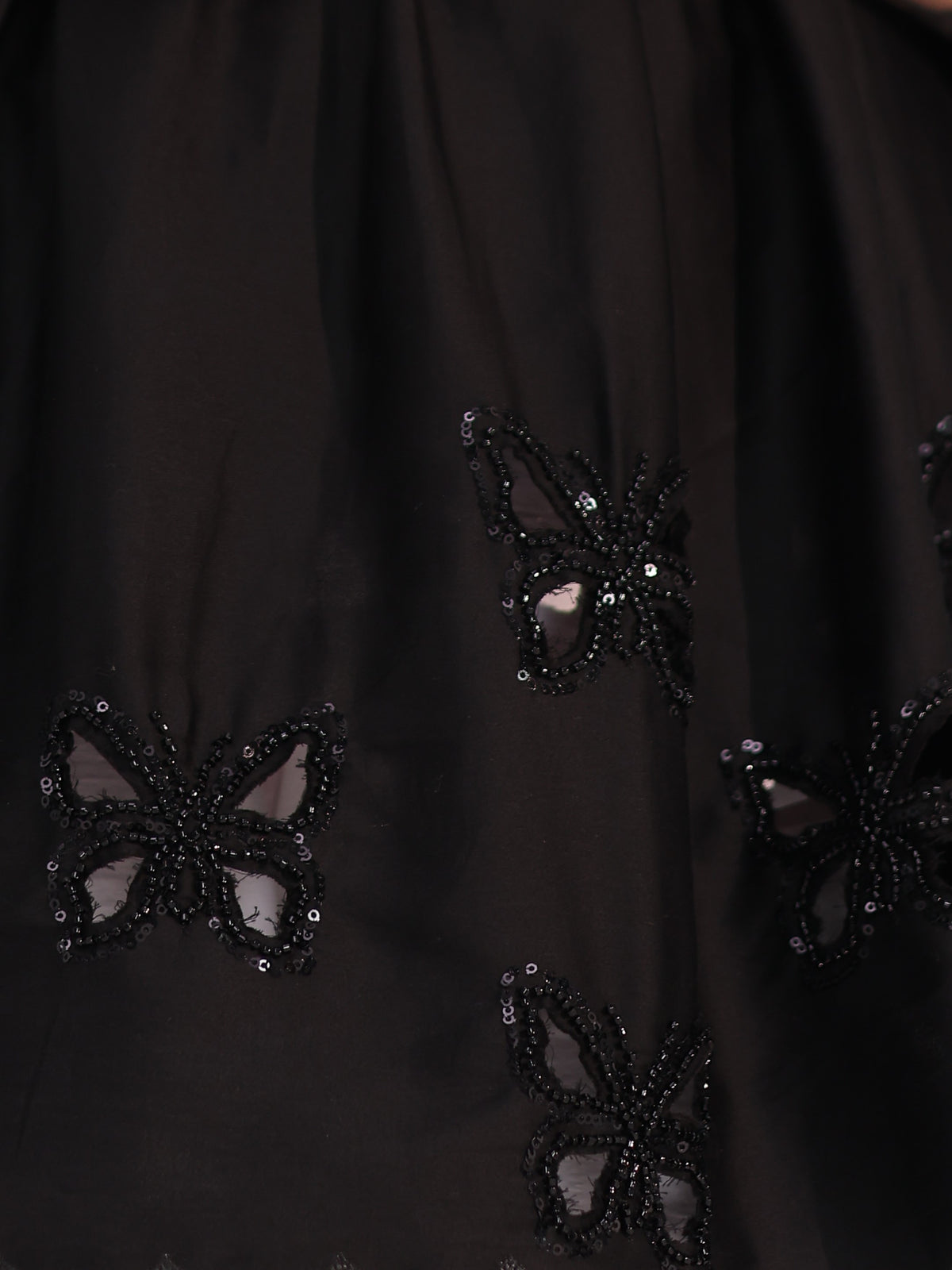 TITTLI Plus Size Women Cotton Silk Butterfly Handwork Embroidered Shirt Collar Kurti(Black)