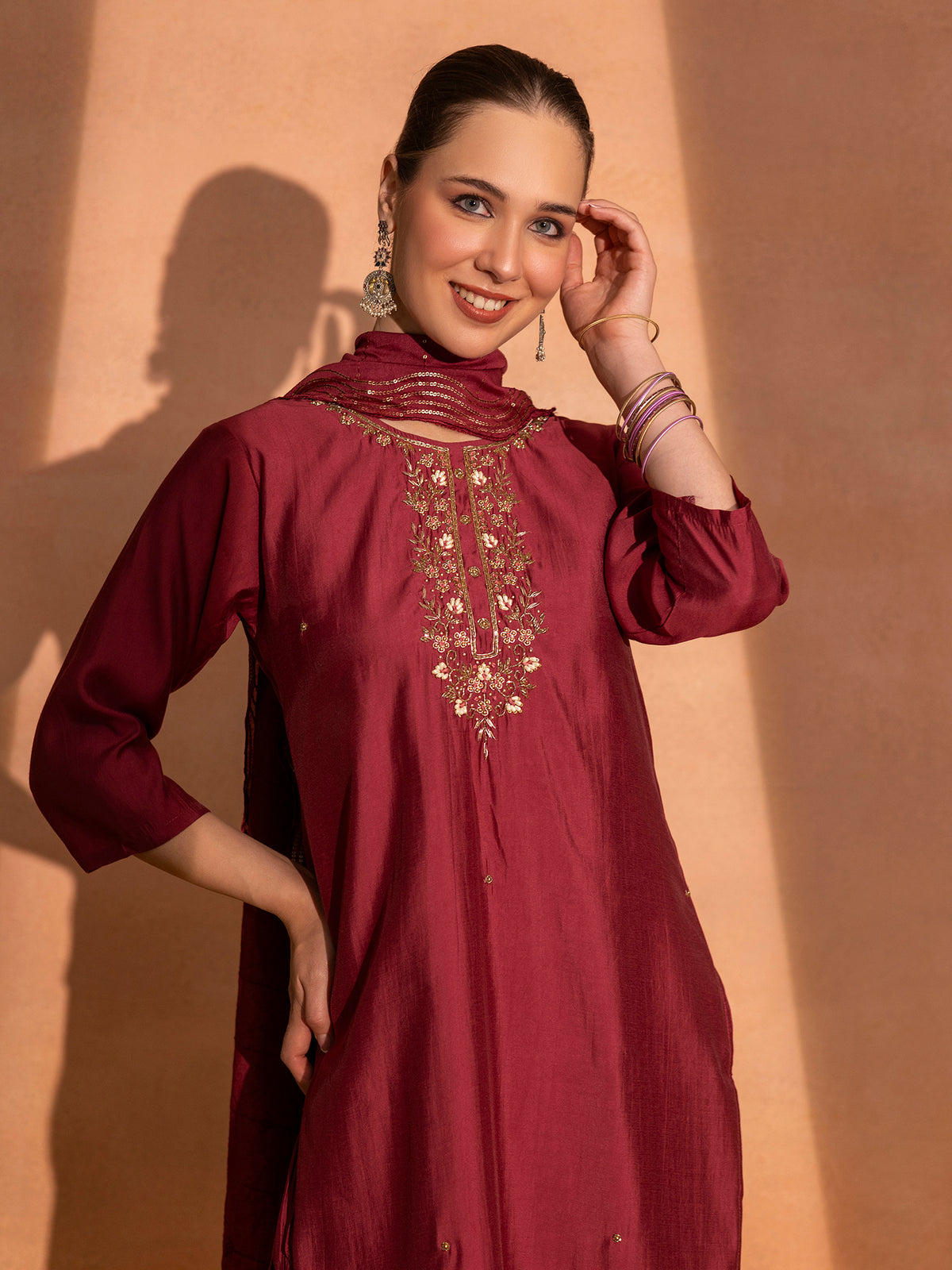 TITTLI Plus Size Women Handwork Embroidered U-Neck Roman Silk Kurta Set with Rayon Sequin Work Dupatta (Red)