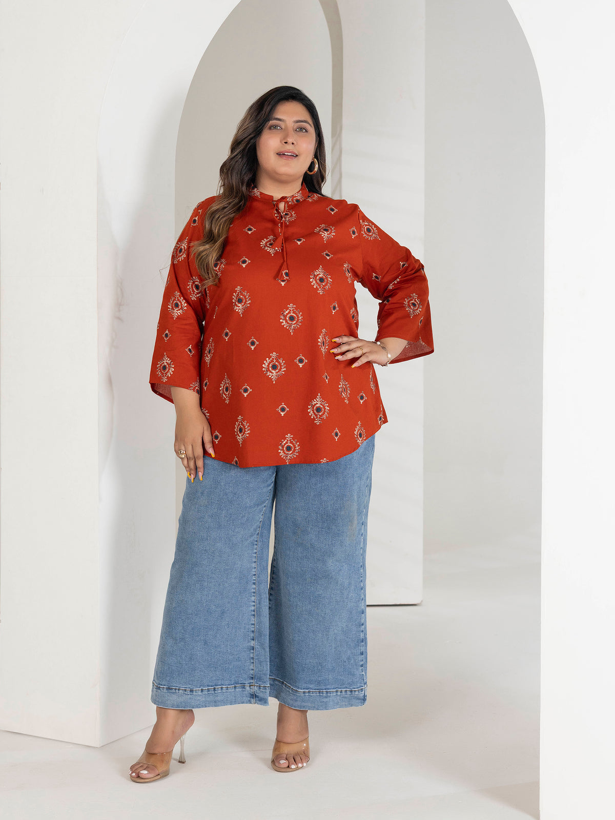 TITTLI Women Plus Size Ethnic Motif Printed Short Kurti with Mandarin Collar Keyhole Tie-Up & Three Quarter Sleeves(Orange)