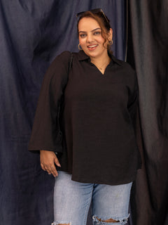 TITTLI Women Plus Size V-Neck Collar Short Kurti with Flared Fit & Full Sleeves (Black)