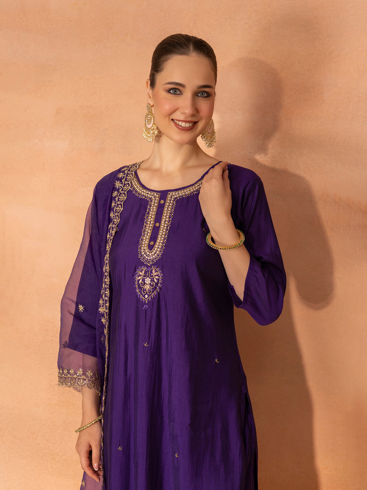TITTLI Women Handwork Embroidered U-Neck Roman Silk Kurta Set with Georgette Cutwork Dupatta (Violet)