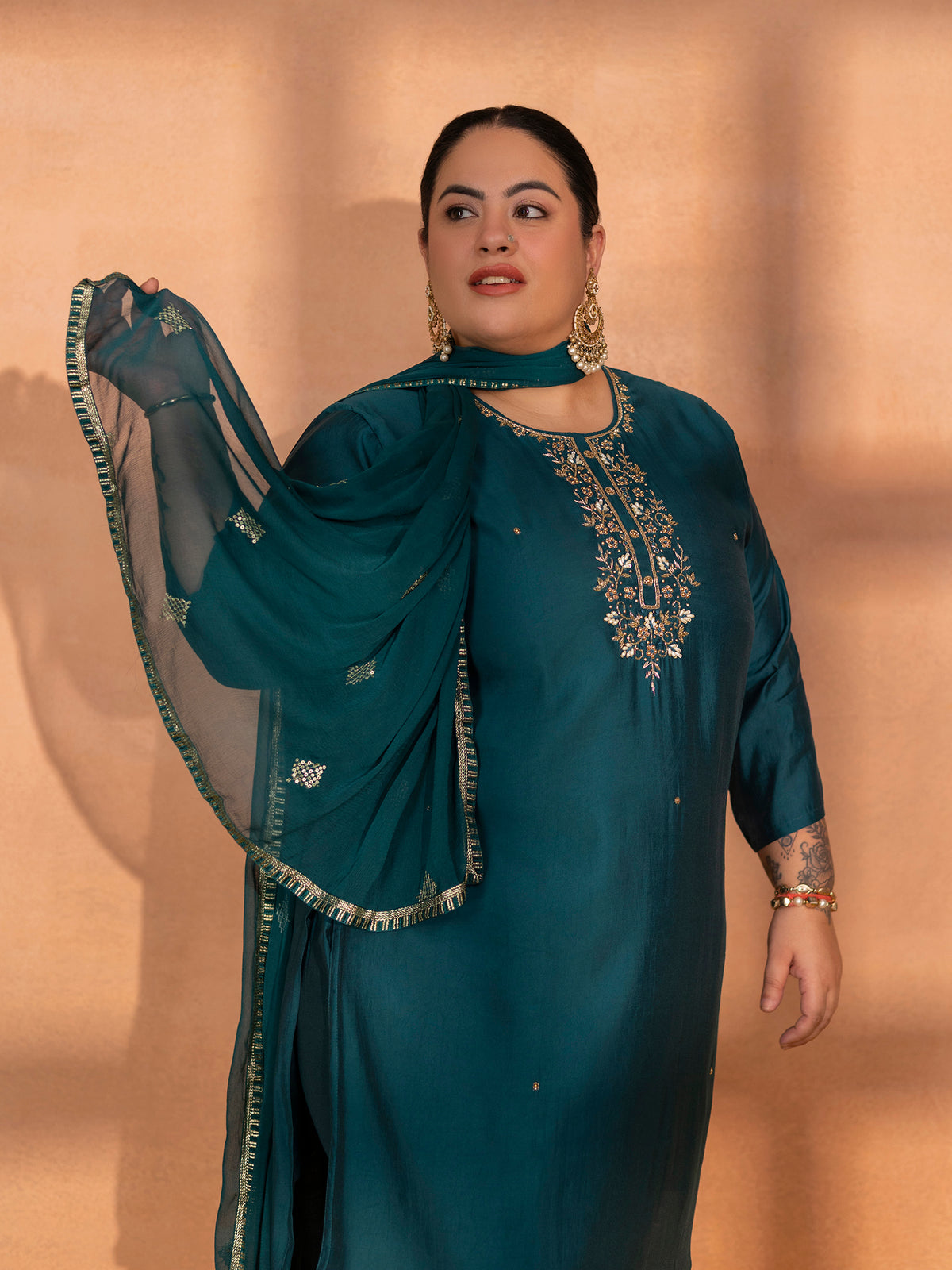 TITTLI Plus Size Women Handwork Embroidered U-Neck Roman Silk Kurta Set with Dupatta(Rama)