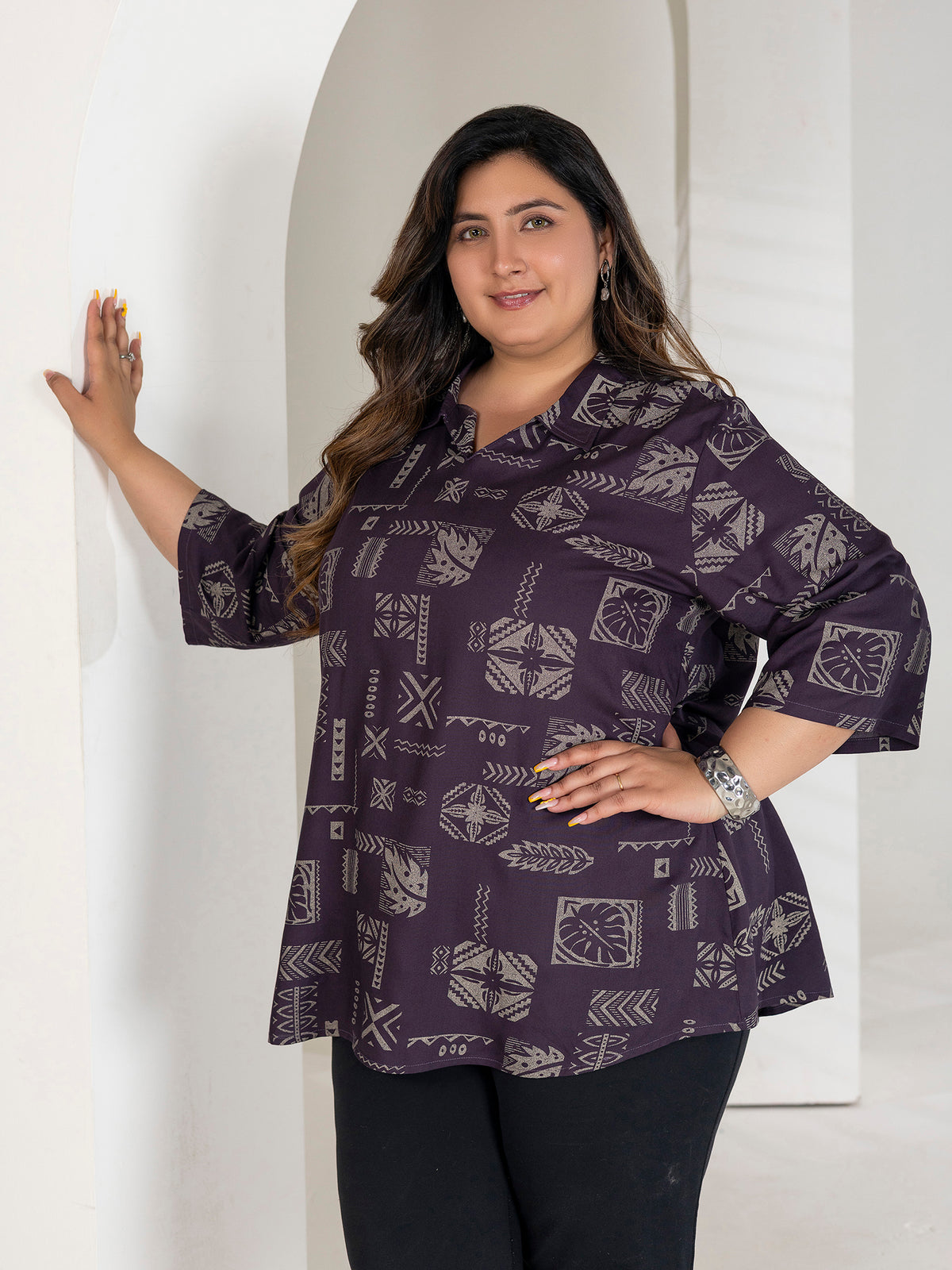 TITTLI Plus Size Women Printed Collared V-Neck Pure Cotton Kurti (Wine)