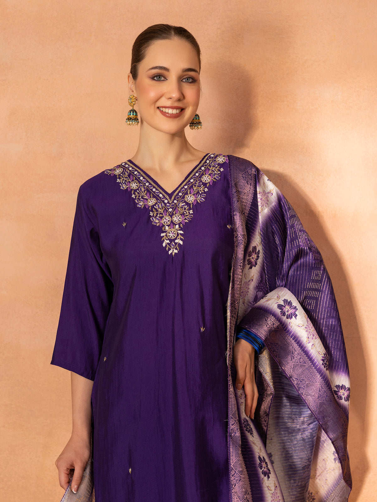 TITTLI Women Handwork Embroidered V-Neck Roman Silk Kurta Set with Jacquard Digital Printed Dupatta (Violet)