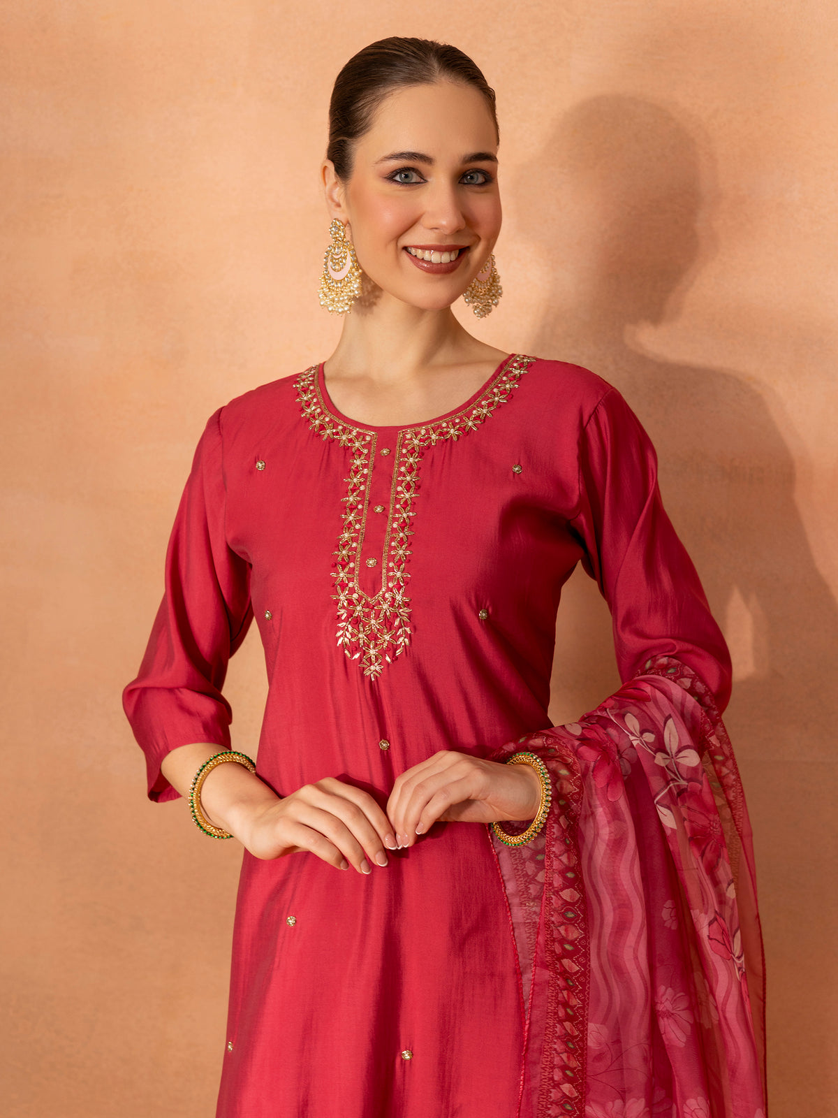 TITTLI Women Handwork Embroidered U-Neck Roman Silk Kurta Set with Digital Print Dupatta(Rose Pink)