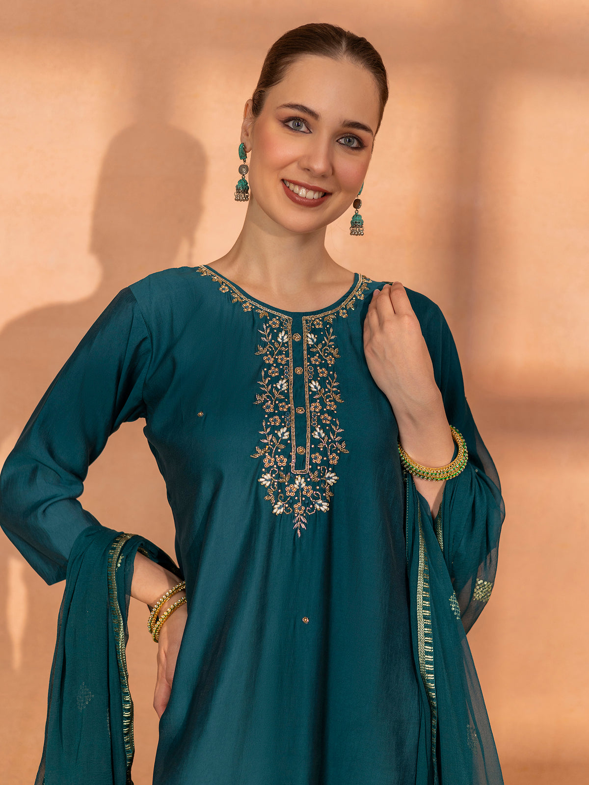 TITTLI Women Handwork Embroidered U-Neck Roman Silk Kurta Set with Dupatta(Rama)