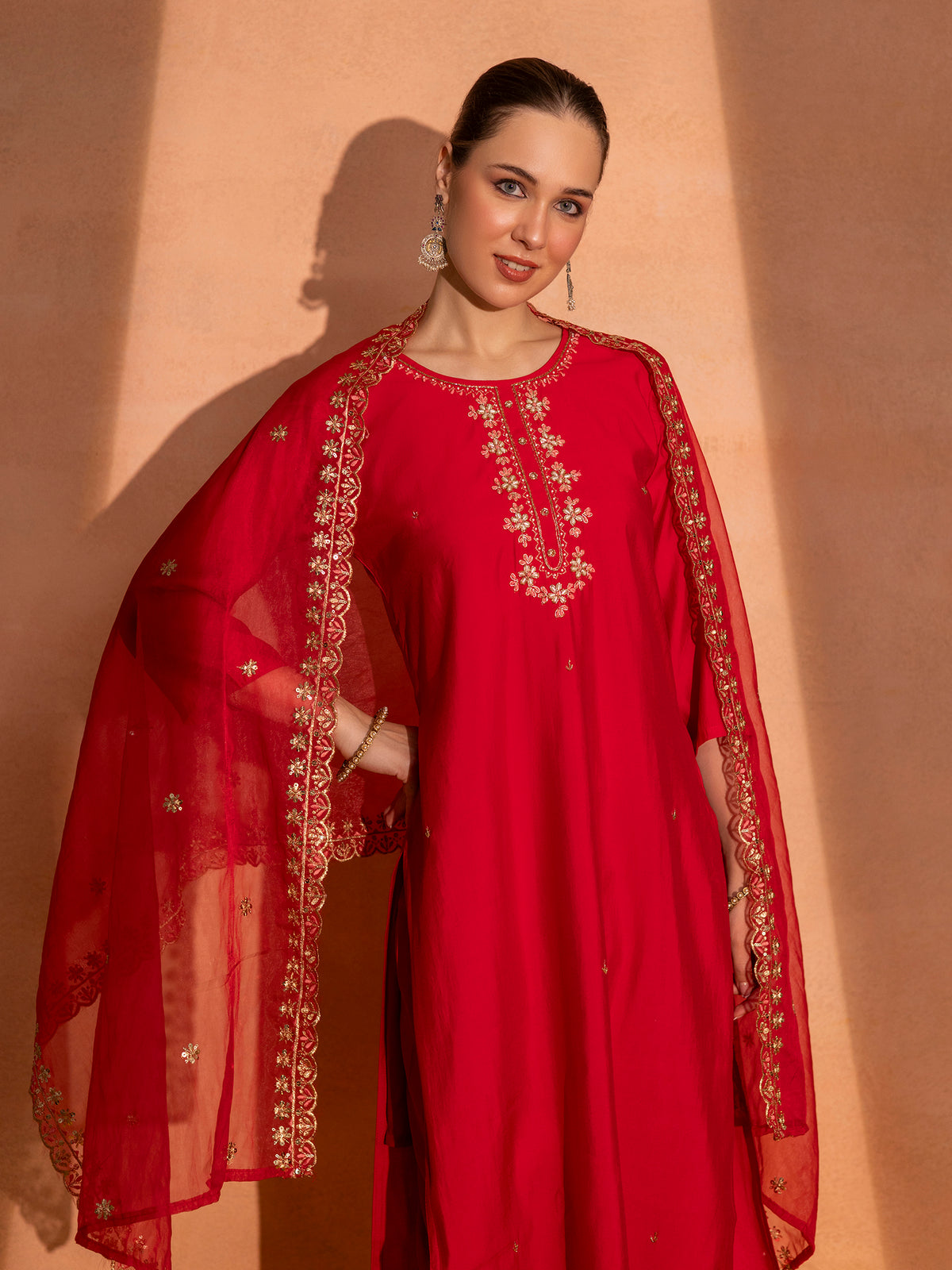 TITTLI Women Handwork Embroidered U-Neck Roman Silk Kurta Set with Georgette Cutwork Dupatta (Red)