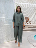 Button-Down Curved Hemline Shirt and Trouser Co-Ord Set (Pista)