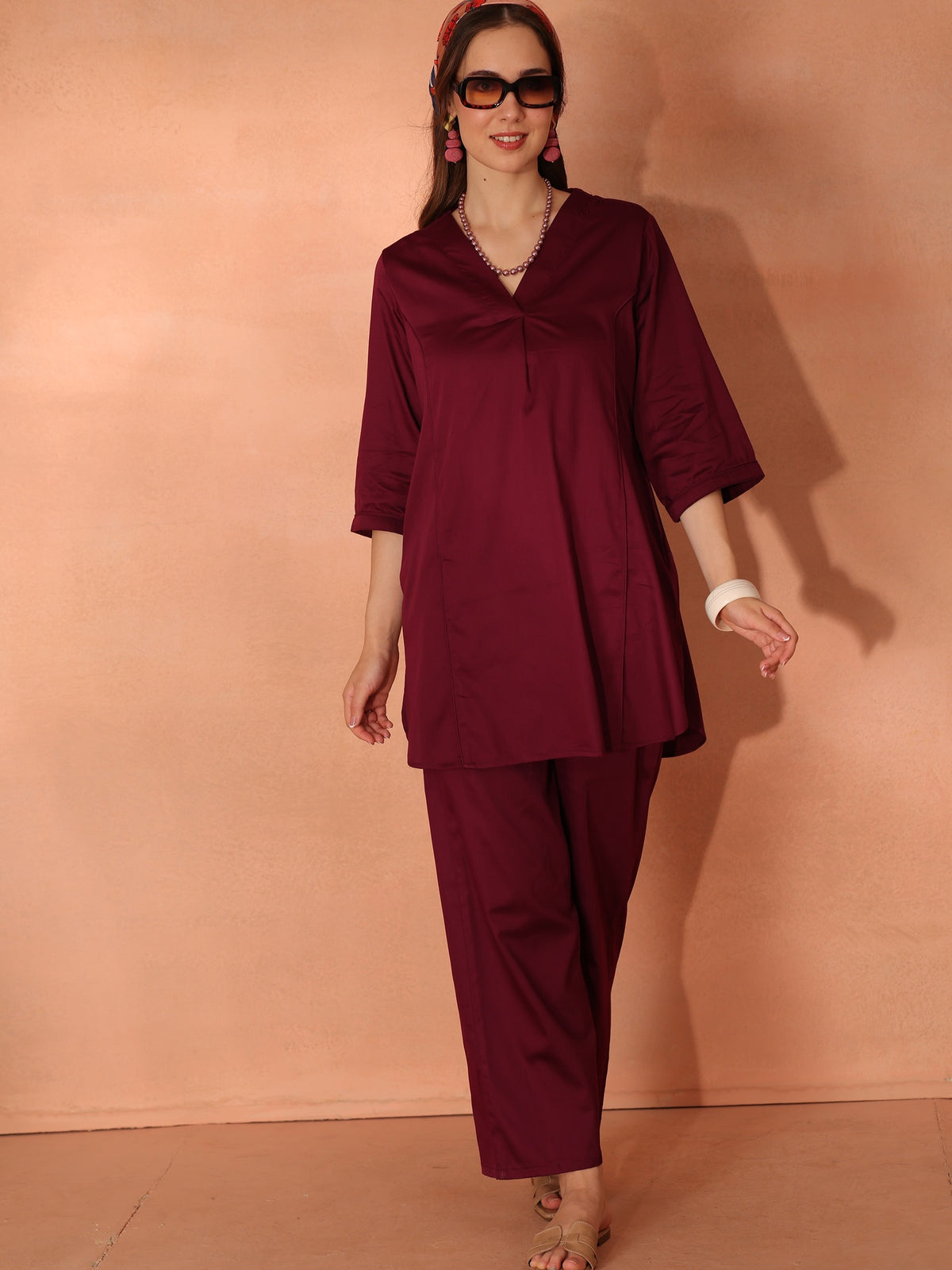 TITTLI Women Cotton Silk V-Neck Tunic & Trousers Co-Ord Set (Wine)