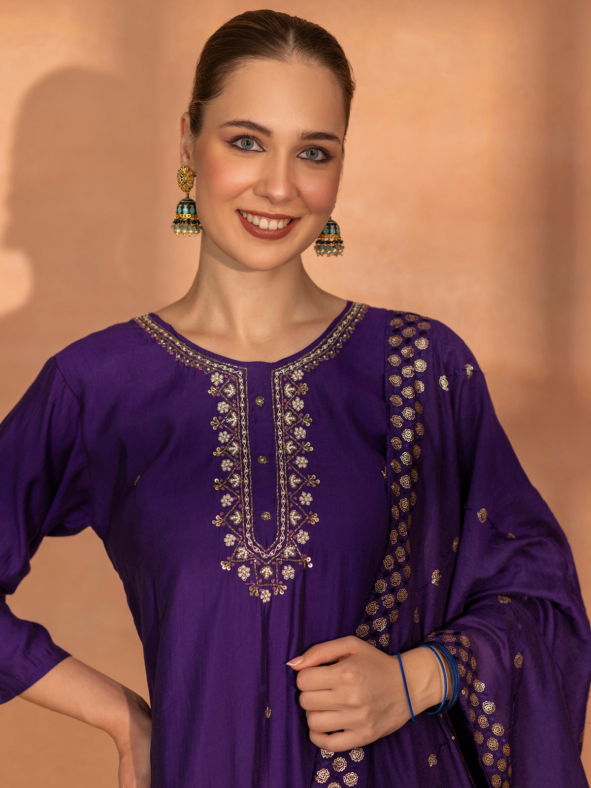 TITTLI Women Handwork Embroidered U-Neck Roman Silk Kurta Set with Georgette Cutwork Dupatta (Violet)