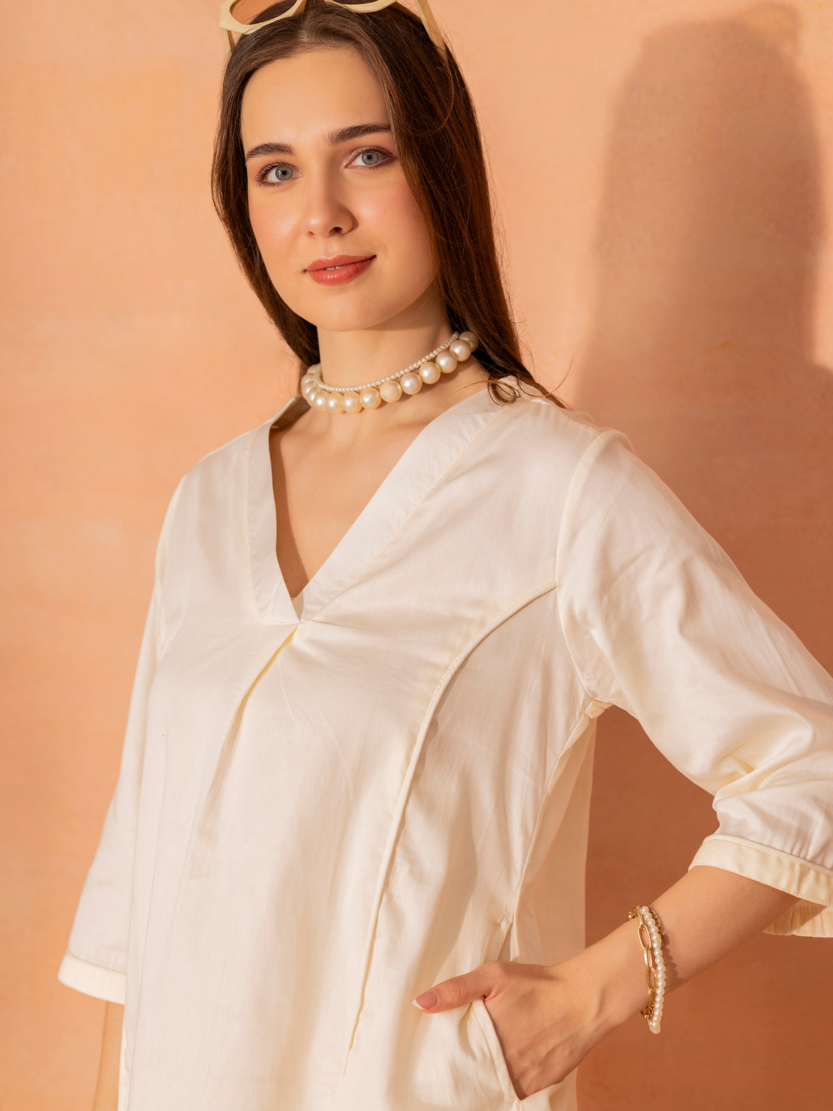 TITTLI Women Cotton Silk V-Neck Tunic & Trousers Co-Ord Set (Cream)