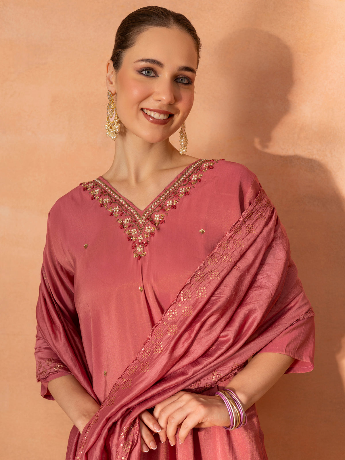 TITTLI Women Handwork Embroidered V-Neck Roman Shimmer Silk Kurta Set with Rayon Dupatta(Pink)