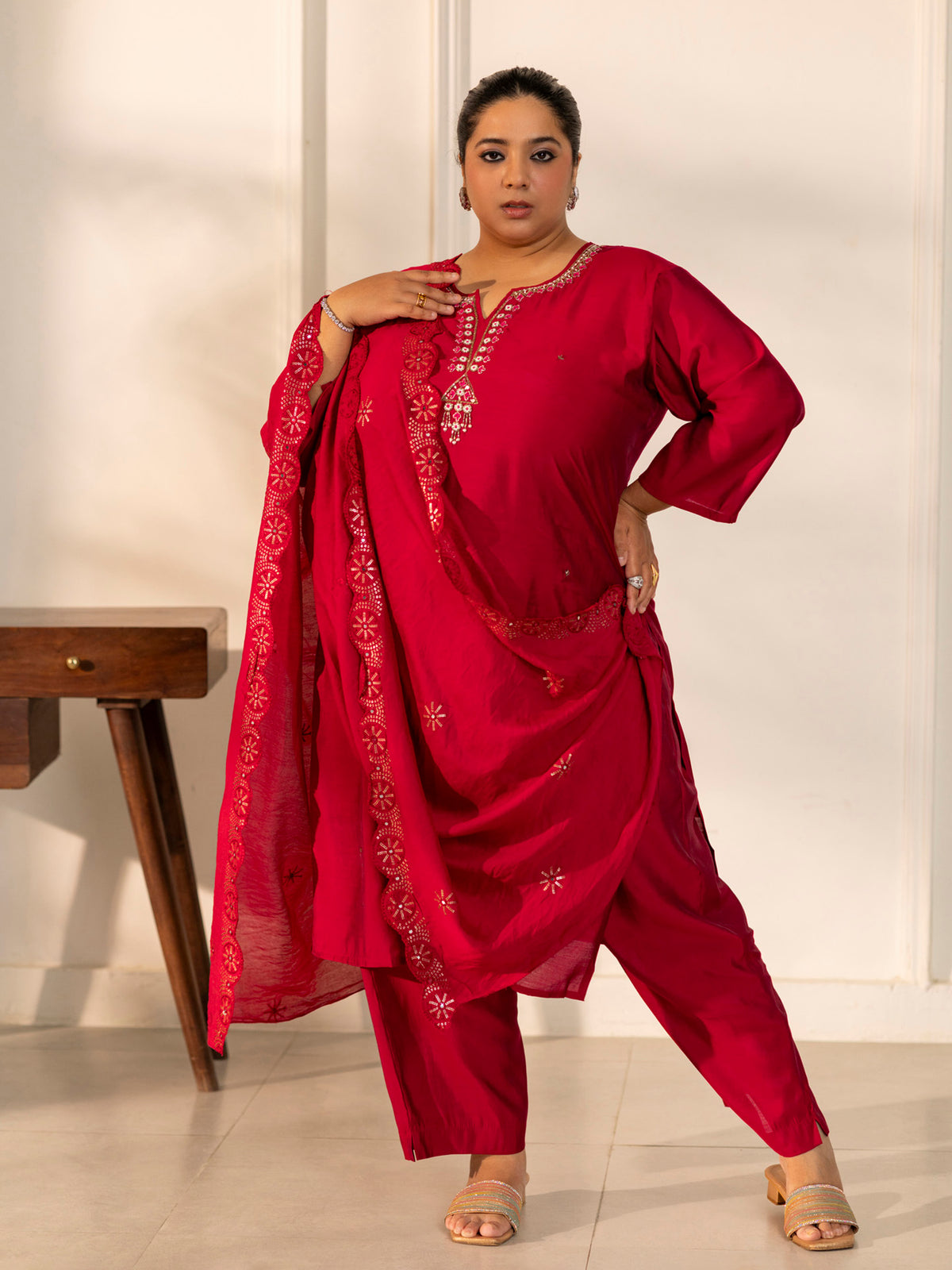 TITTLI Plus Size Women Handwork Embroidered Round Neck with V Roman Silk Kurta Set with Cut-Work Dupatta (C. Red)
