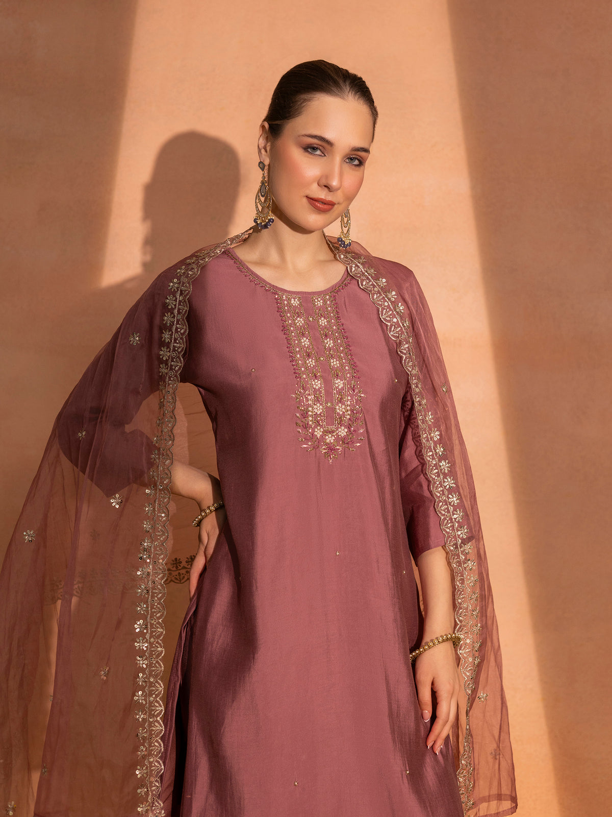 TITTLI Women Handwork Embroidered Round Neck Roman Silk Kurta Set with Cut-Work Dupatta (Gajjar)