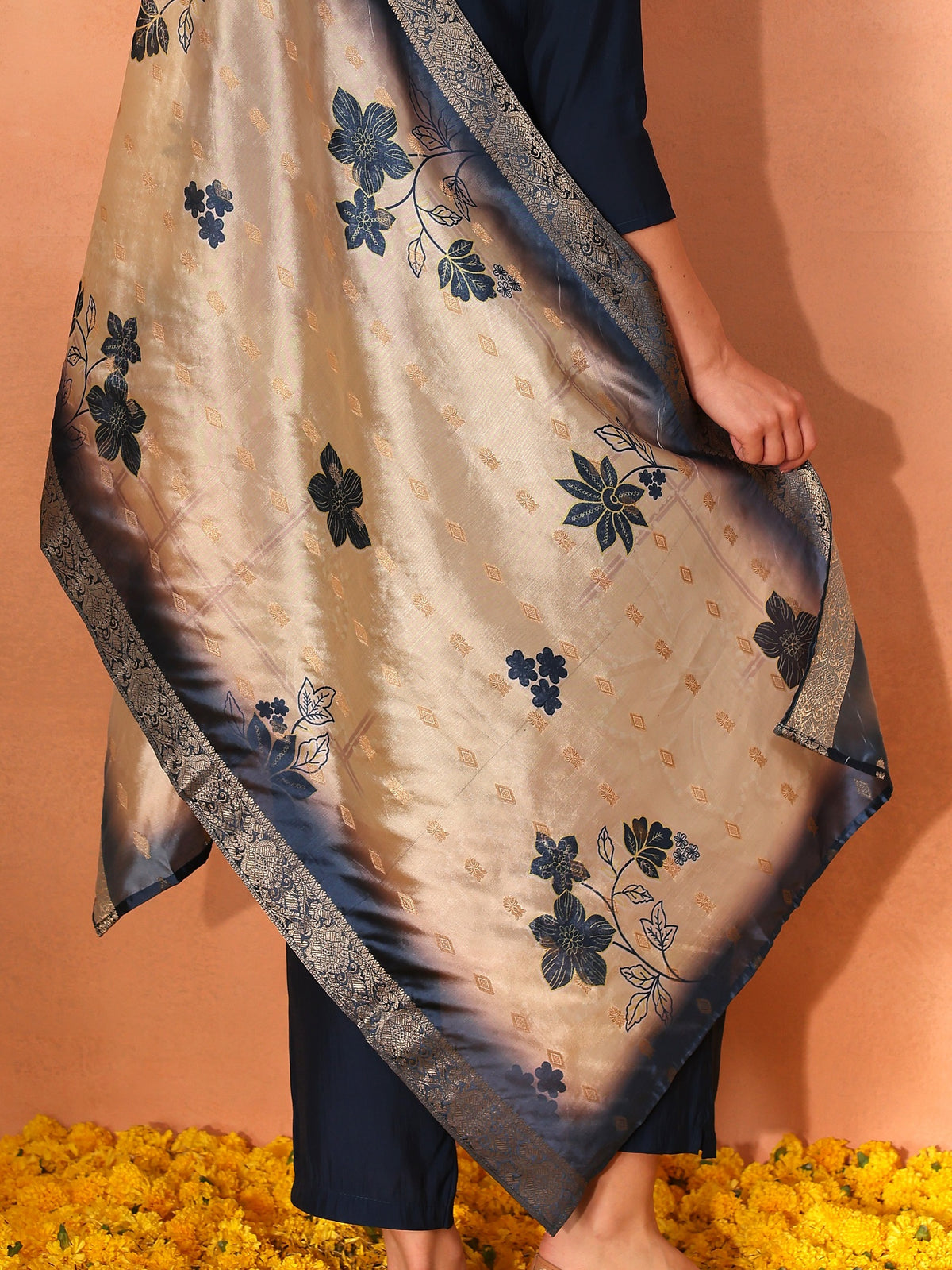 TITTLI Women Handwork Embroidered Round Neck Roman Silk Kurta Set with Jacquard Digital Print Dupatta (Navy Blue)