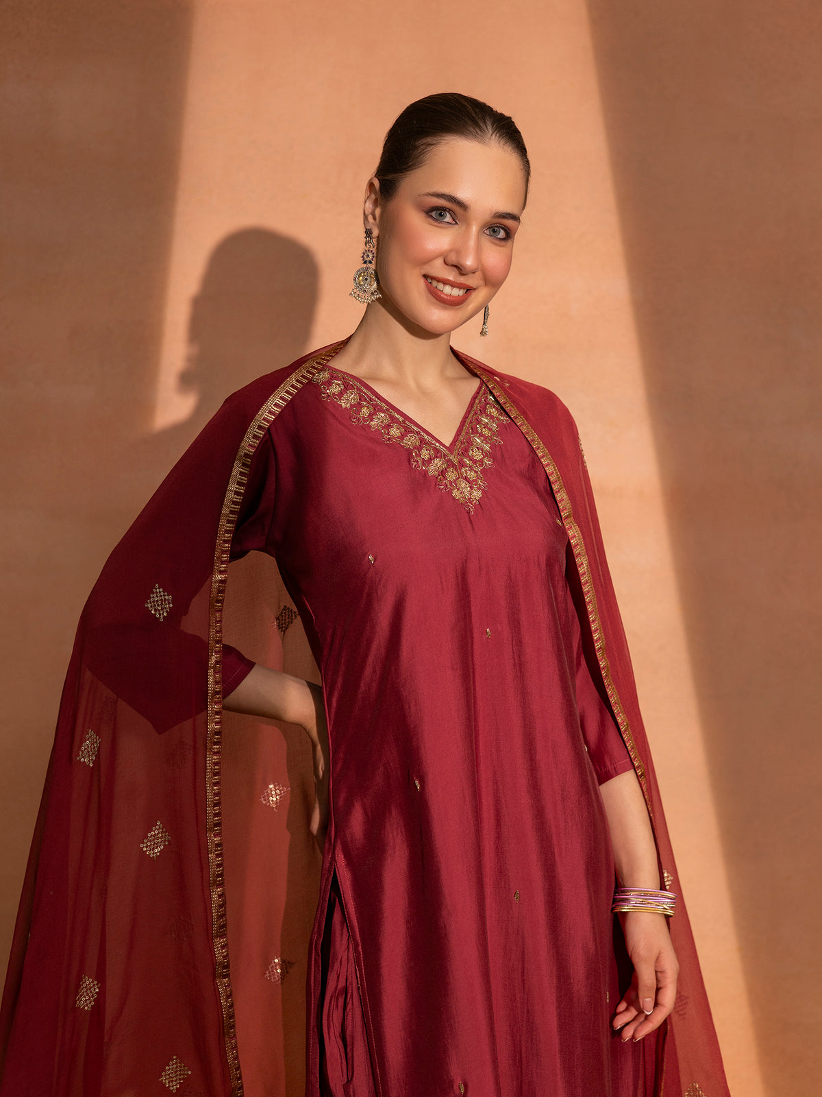 TITTLI Women Handwork Embroidered V-Neck Roman Silk Kurta Set with Georgette Cutwork Dupatta (C. Red)