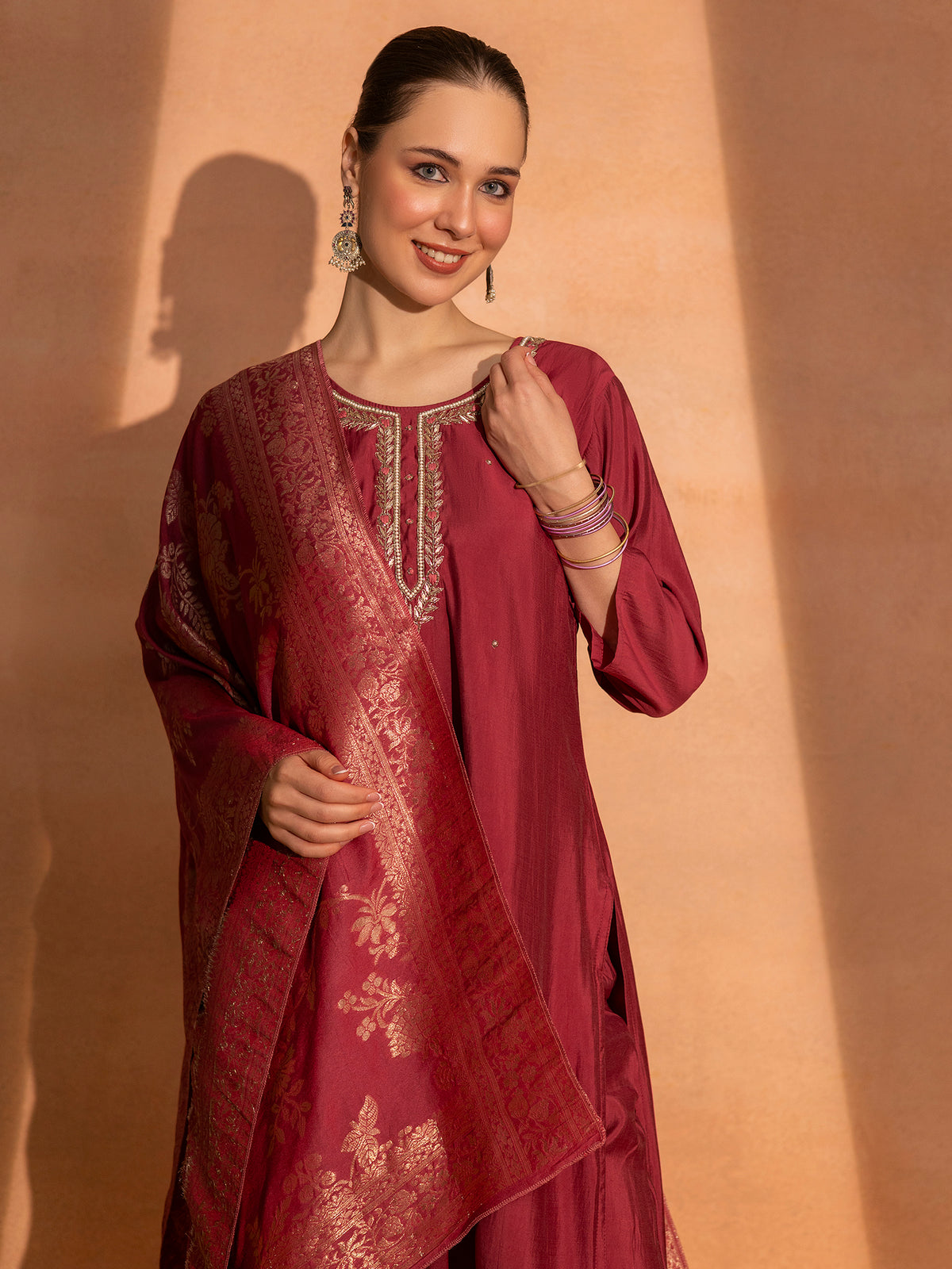 TITTLI Women Handwork Embroidered U-Neck Roman Silk Kurta Set with Rayon Sequin Work Dupatta(Gajjar)