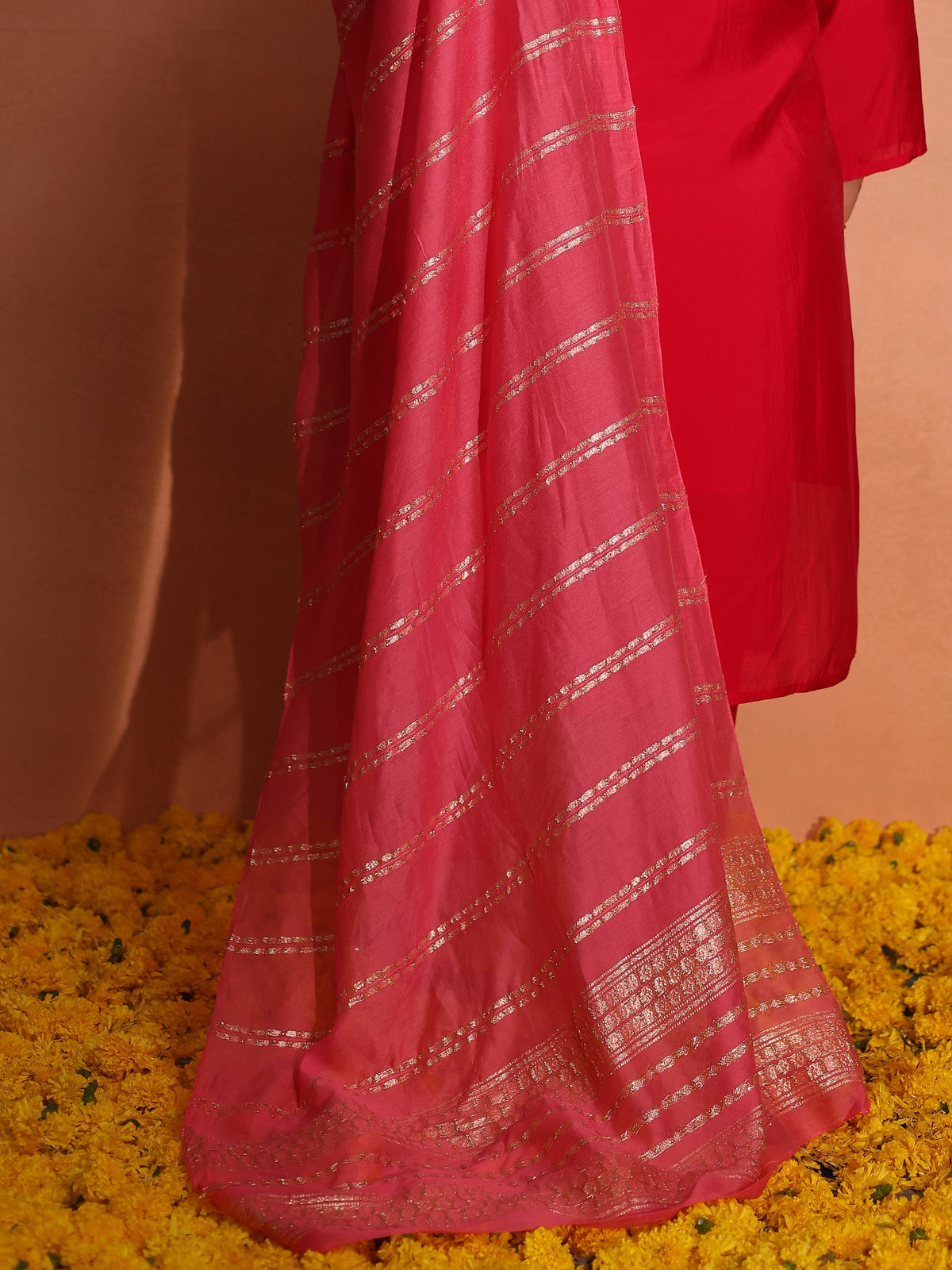 TITTLI Plus Size Women Handwork Embroidered U-Neck Roman Silk Kurta Set with Jacquard Dupatta (Red)