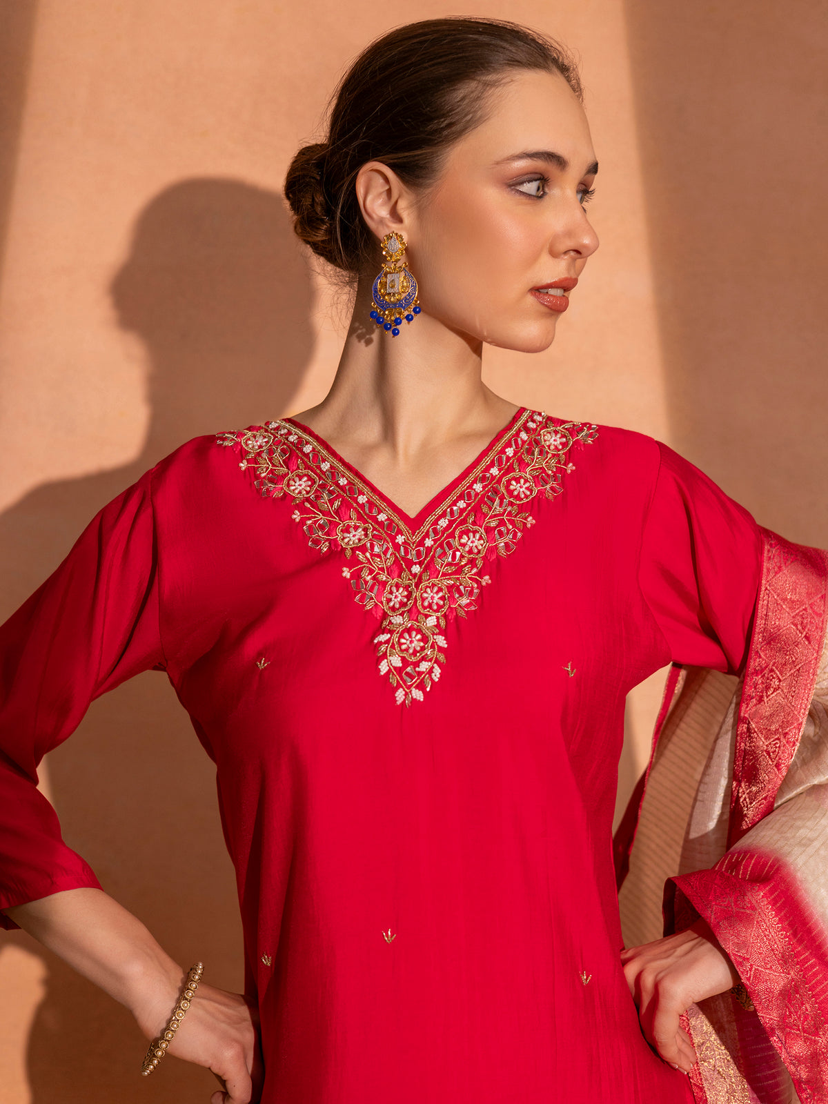 TITTLI Women Handwork Embroidered V-Neck Roman Silk Kurta Set with Jacquard Digital Printed Dupatta (Red)