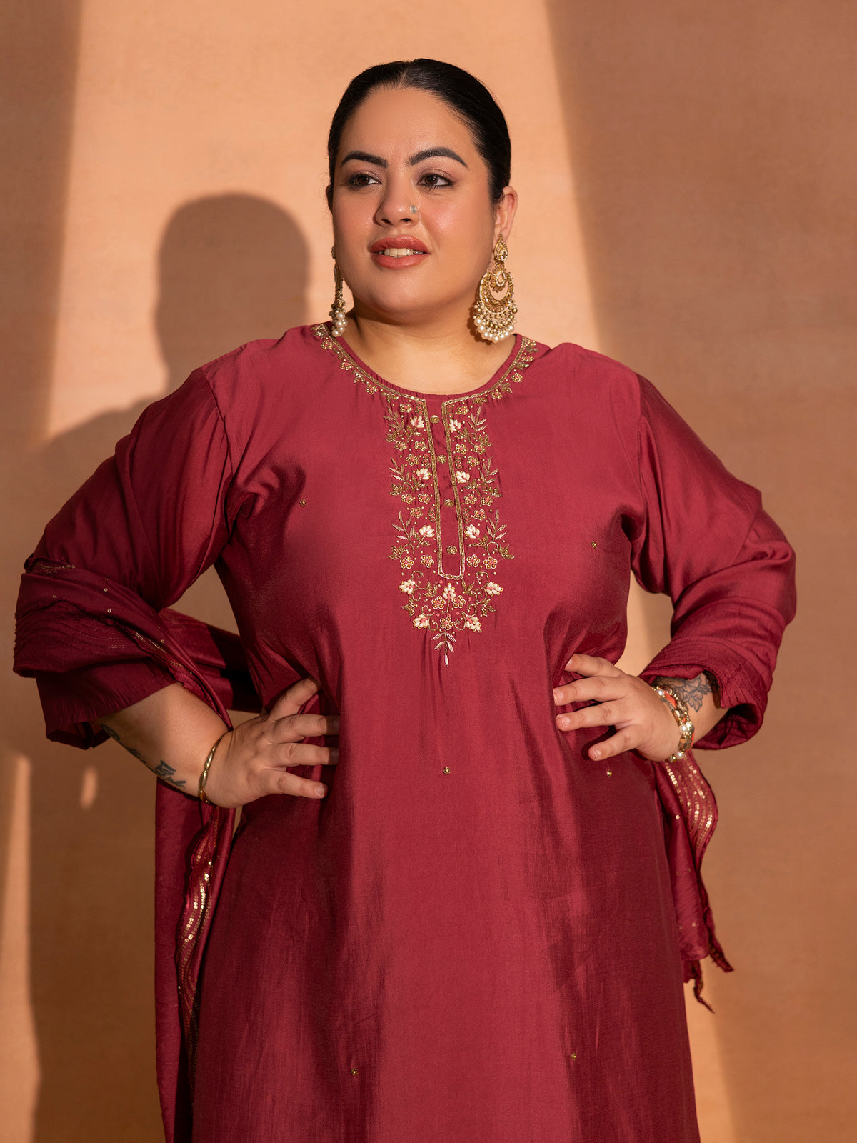 TITTLI Women Handwork Embroidered U-Neck Roman Silk Kurta Set with Rayon Sequin Work Dupatta(Red)