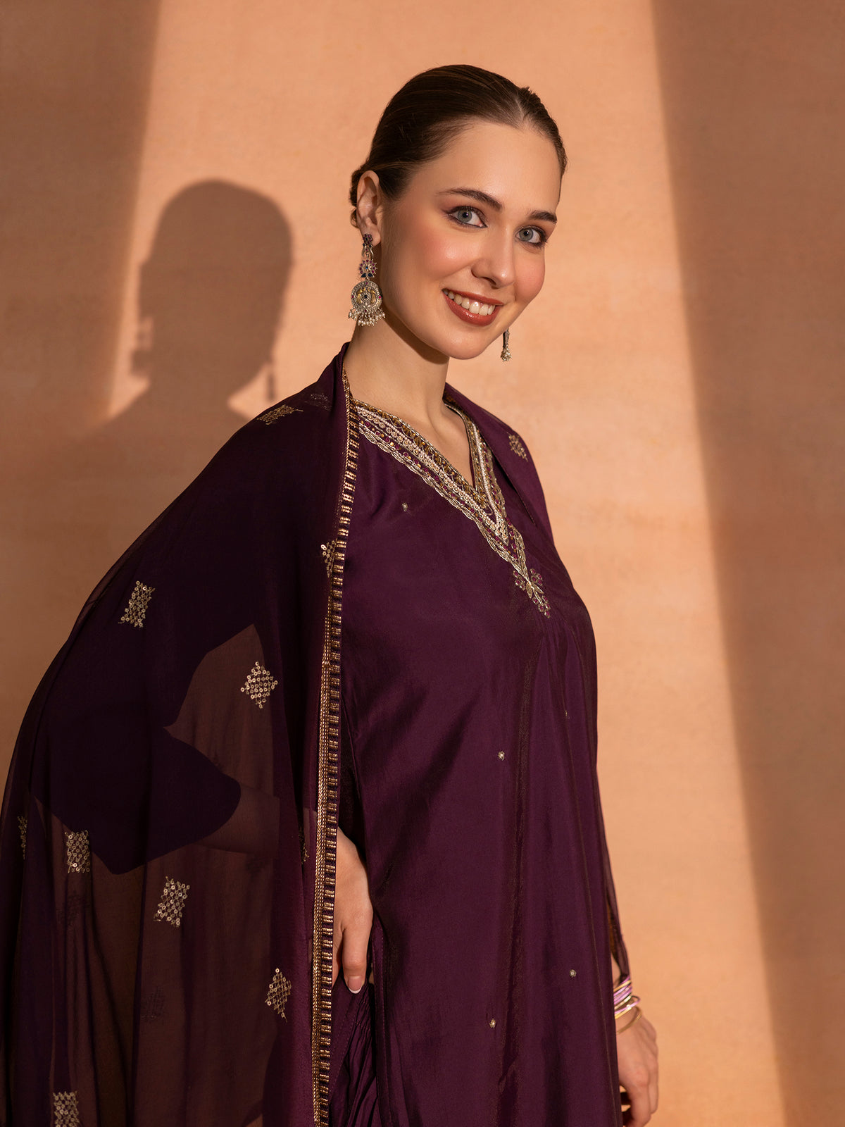 TITTLI Women Handwork Embroidered V-Neck Roman Silk Kurta Set with Georgette Cutwork Dupatta (Wine)