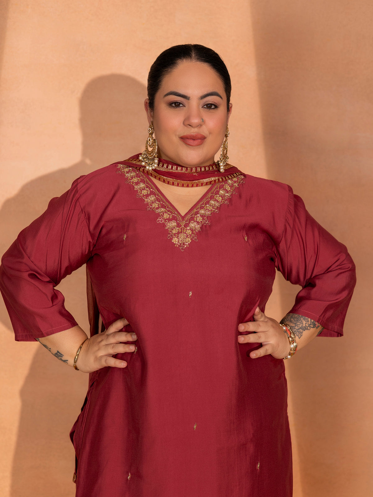 TITTLI Plus Size Women Handwork Embroidered V-Neck Roman Silk Kurta Set with Georgette Cutwork Dupatta (C. Red)
