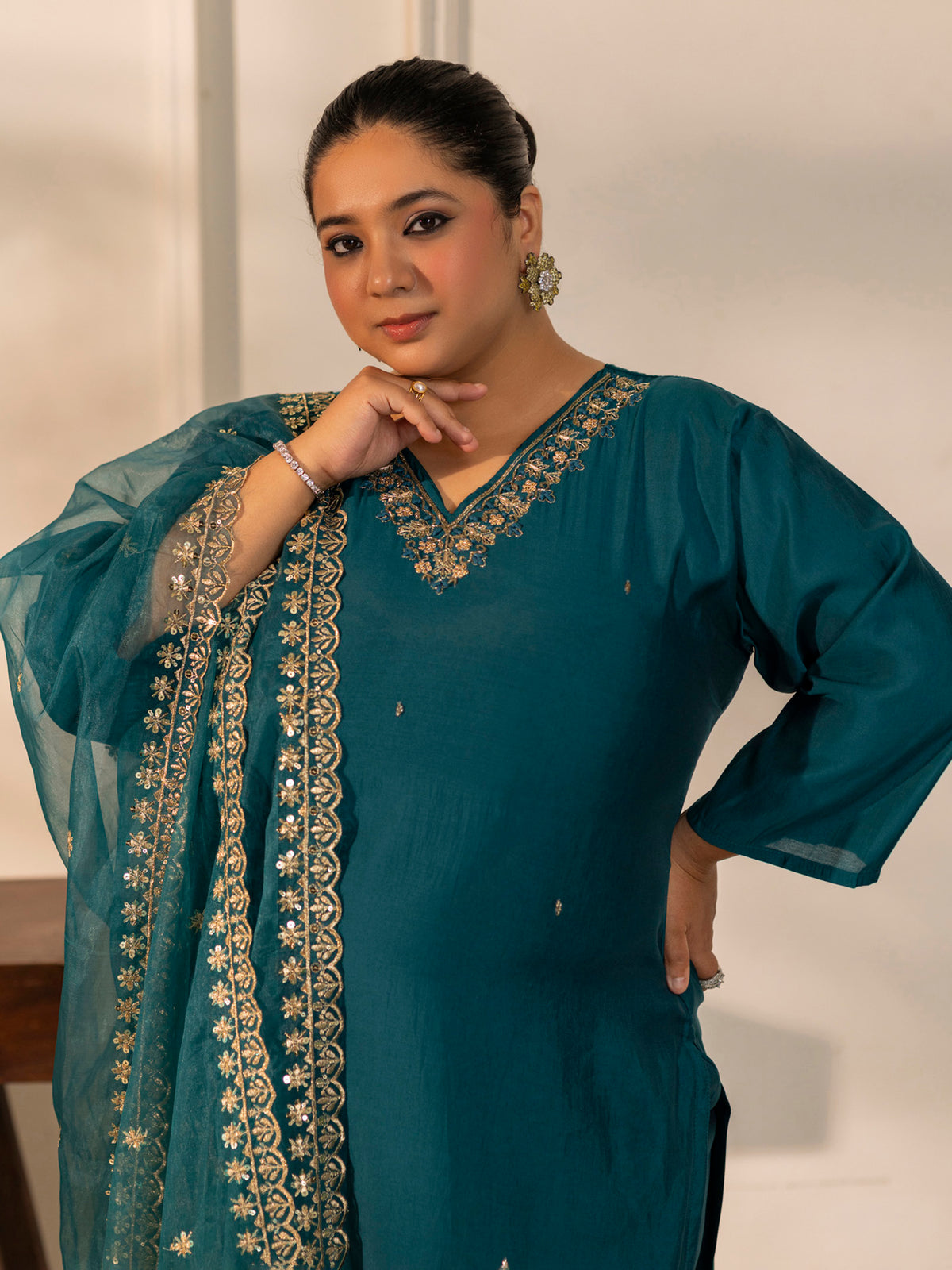 TITTLI Plus Size Women Handwork Embroidered V-Neck Roman Silk Kurta Set with Georgette Cutwork Dupatta (Rama)