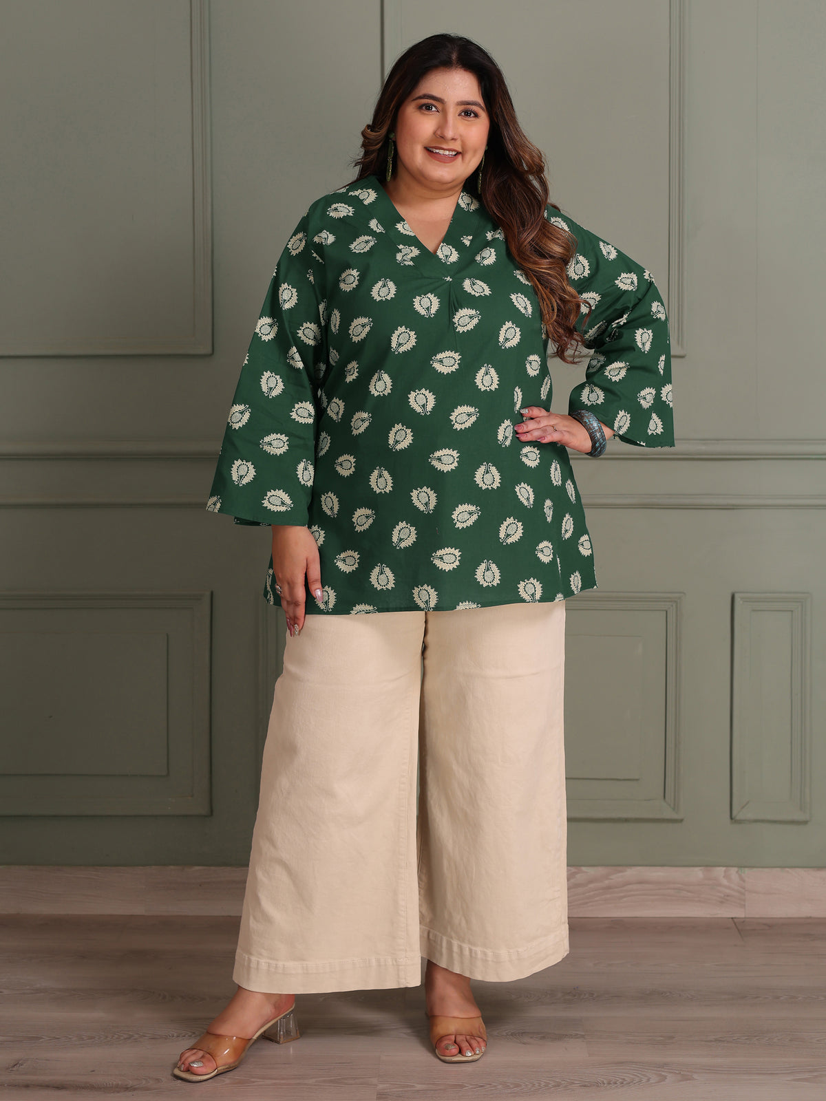 TITTLI Women Plus Size Printed Pure Cotton V-Neck Flared Sleeve Short Kurti (Dark Green)