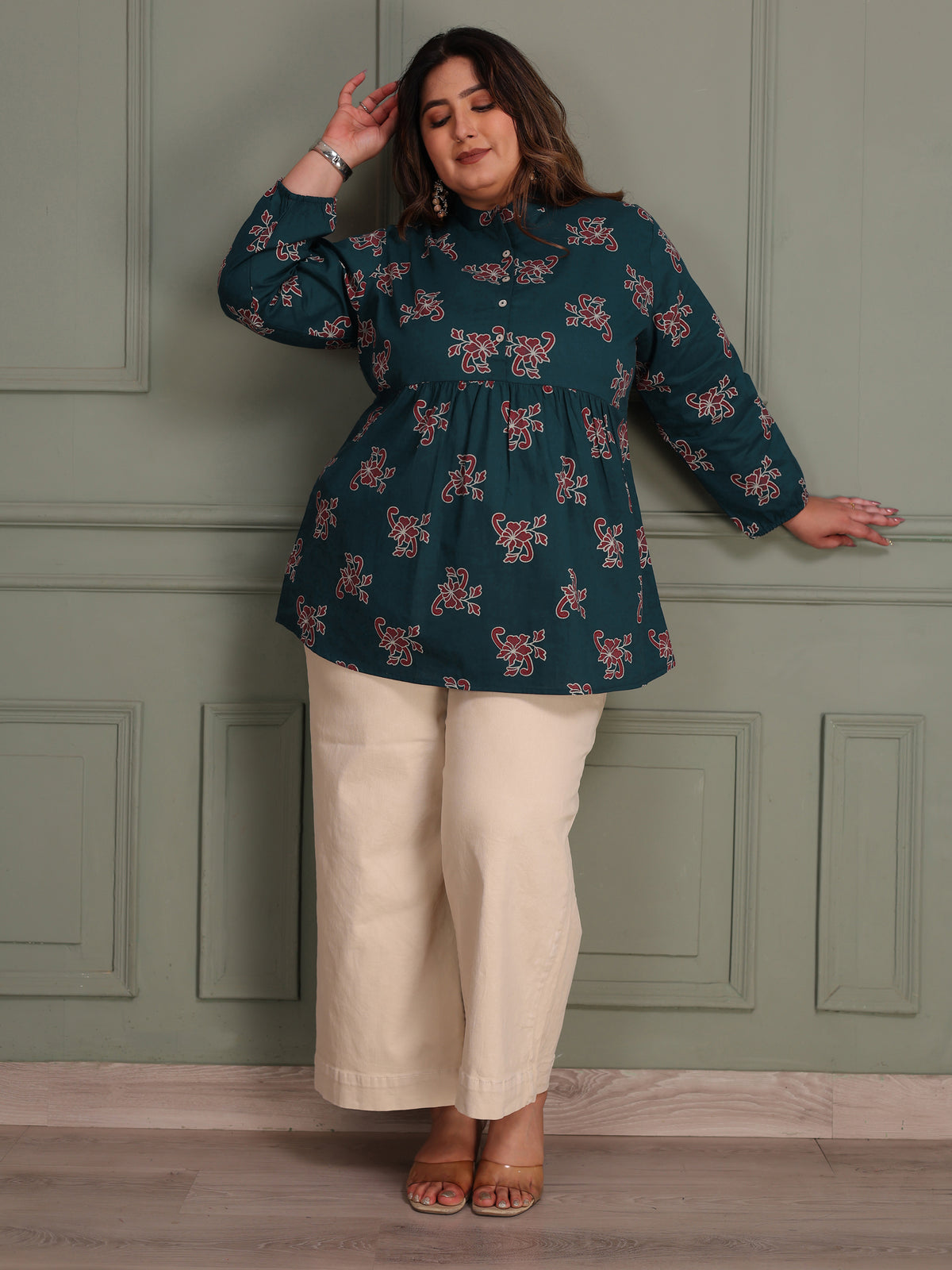 TITTLI Women Plus Size All-Over Printed Puff Sleeves Mandarin Collar Pure Cotton Frailed Kurti (Airforce)