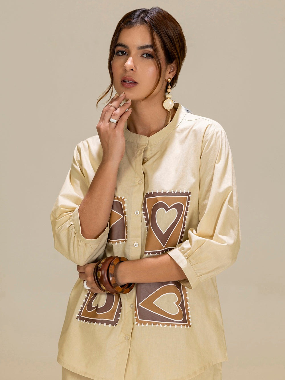 TITTLI Beige Colour Printed Relaxed Fit Pure Cotton Shirt And Trouser Co-Ord Set For Womens