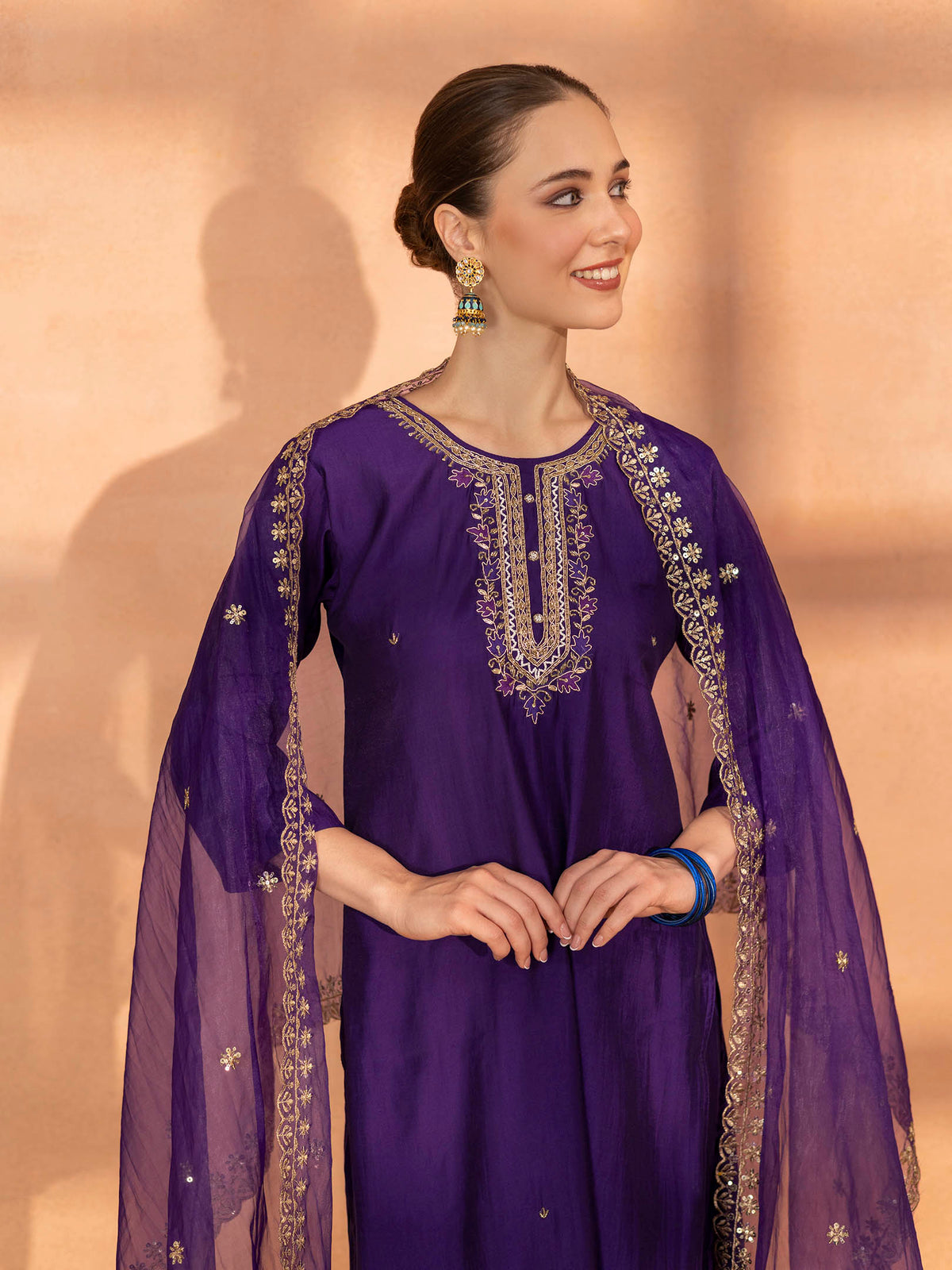 TITTLI Women Handwork Embroidered U-Neck Roman Silk Kurta Set with Cut-Work Dupatta(Violet)