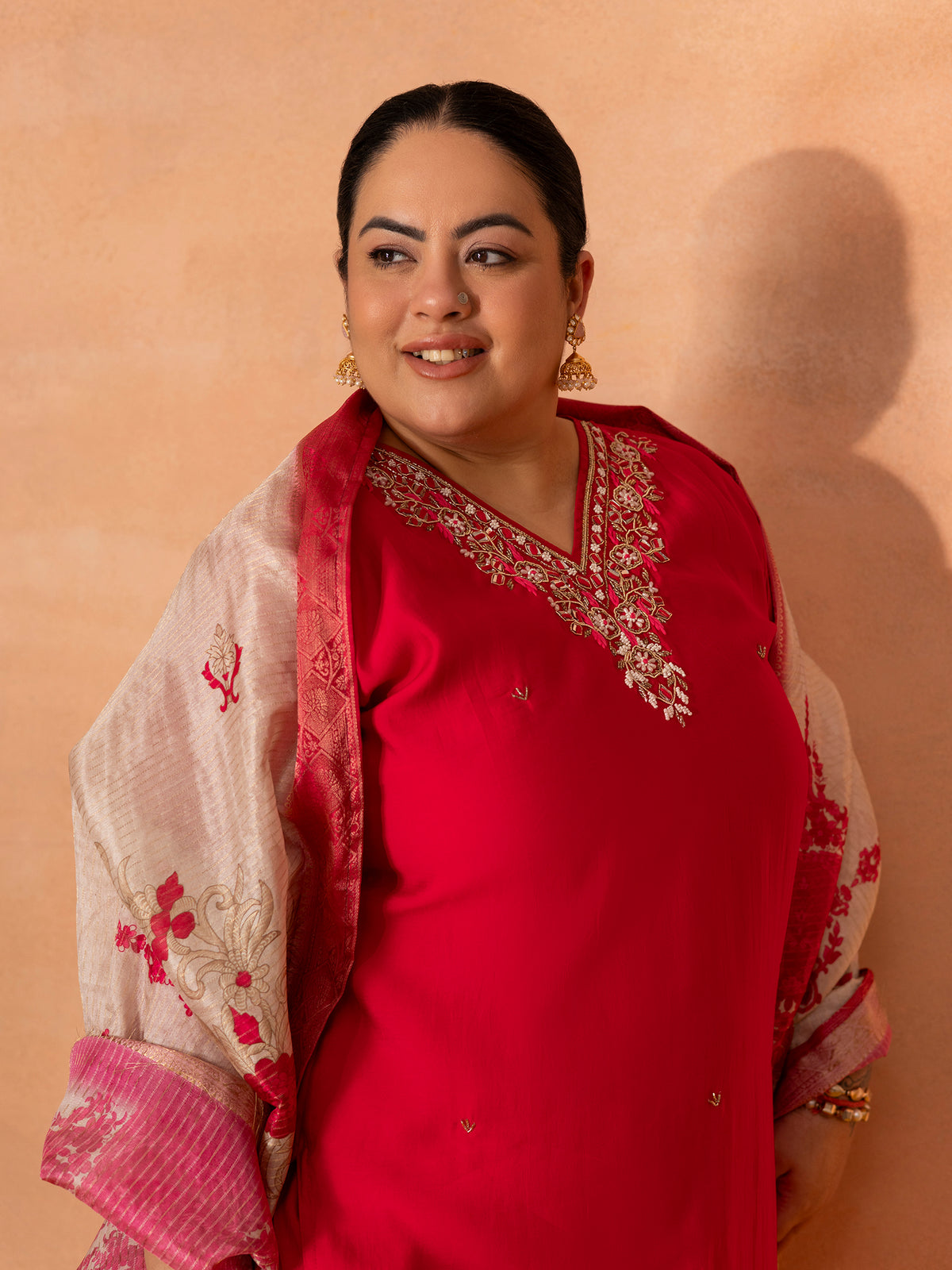 TITTLI Plus Size Women Handwork Embroidered V-Neck Roman Silk Kurta Set with Jacquard Digital Printed Dupatta (Red)